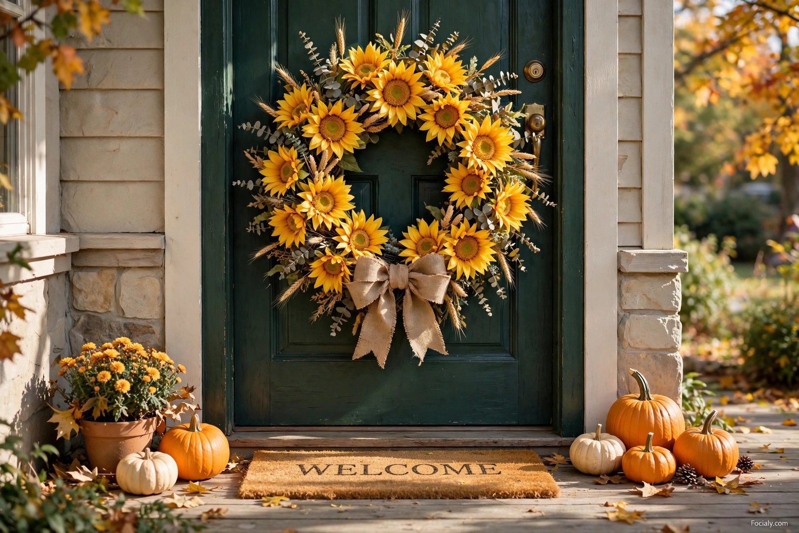 Sunflower wreath on a front door for fall