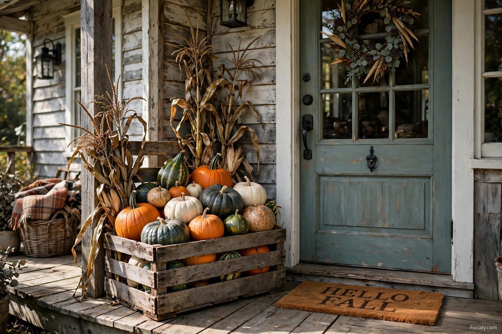 Wooden crate filled with pumpkins by a front door