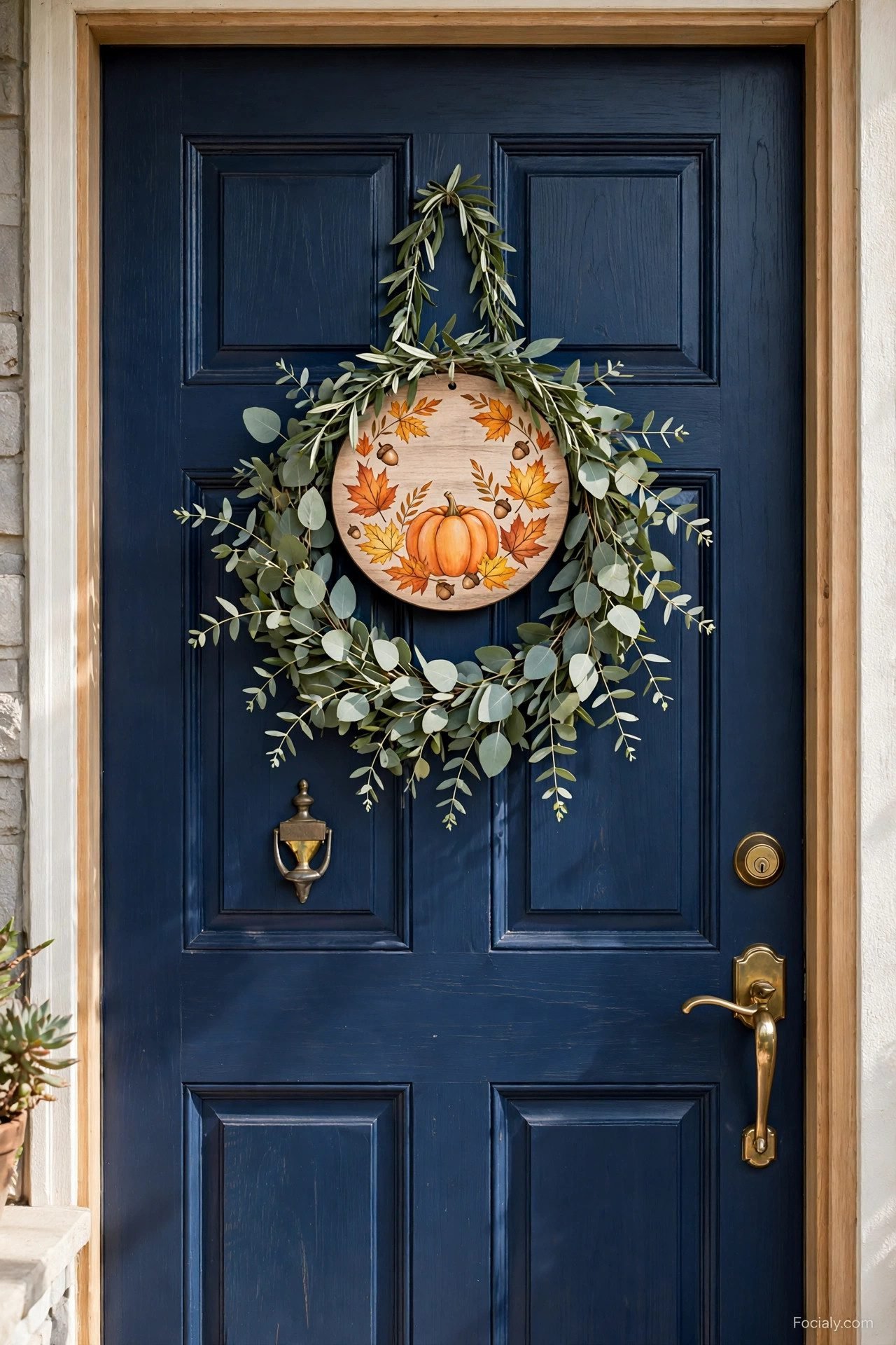 Round wooden fall sign hanging on a front door