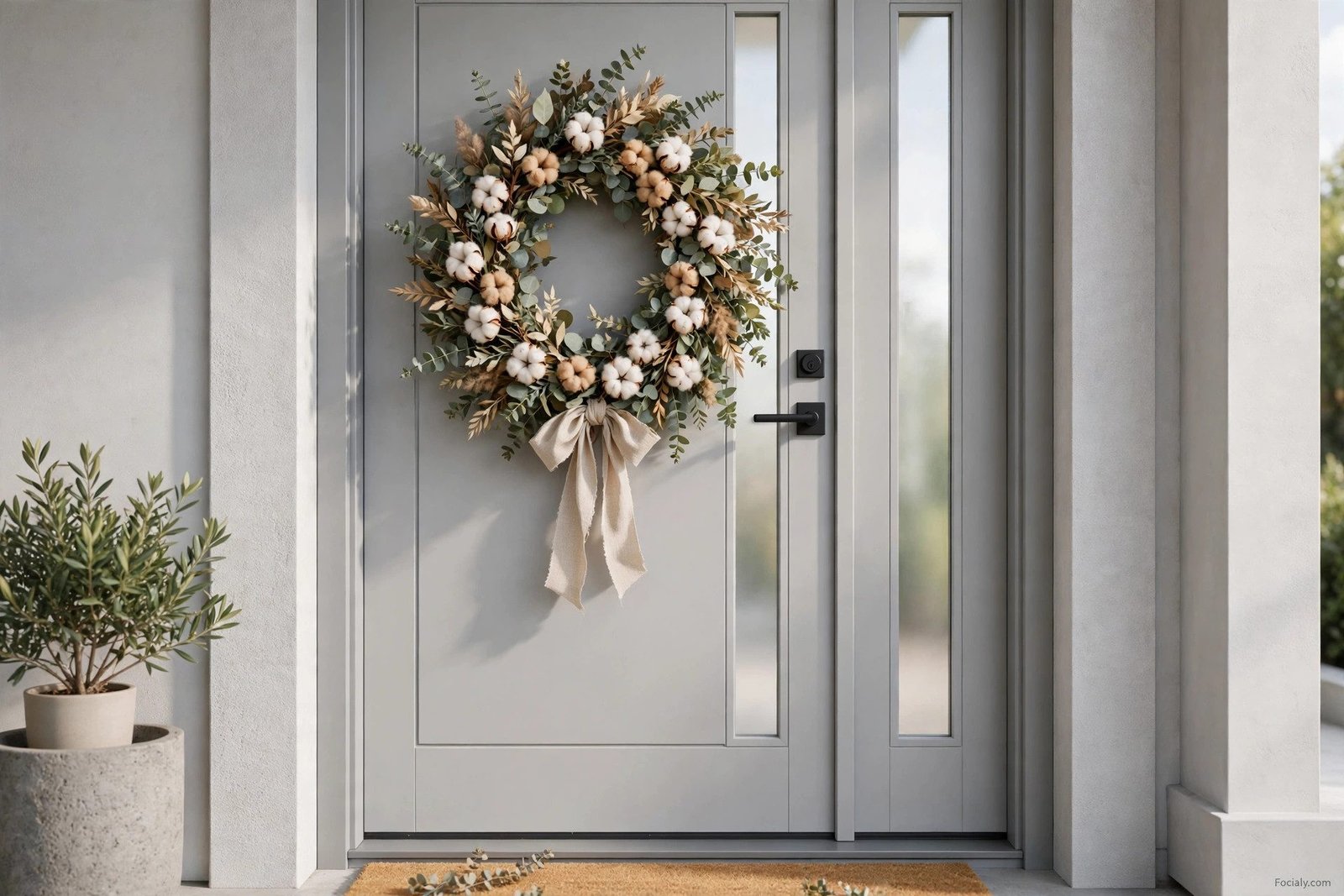 Neutral eucalyptus and cotton wreath on a front door