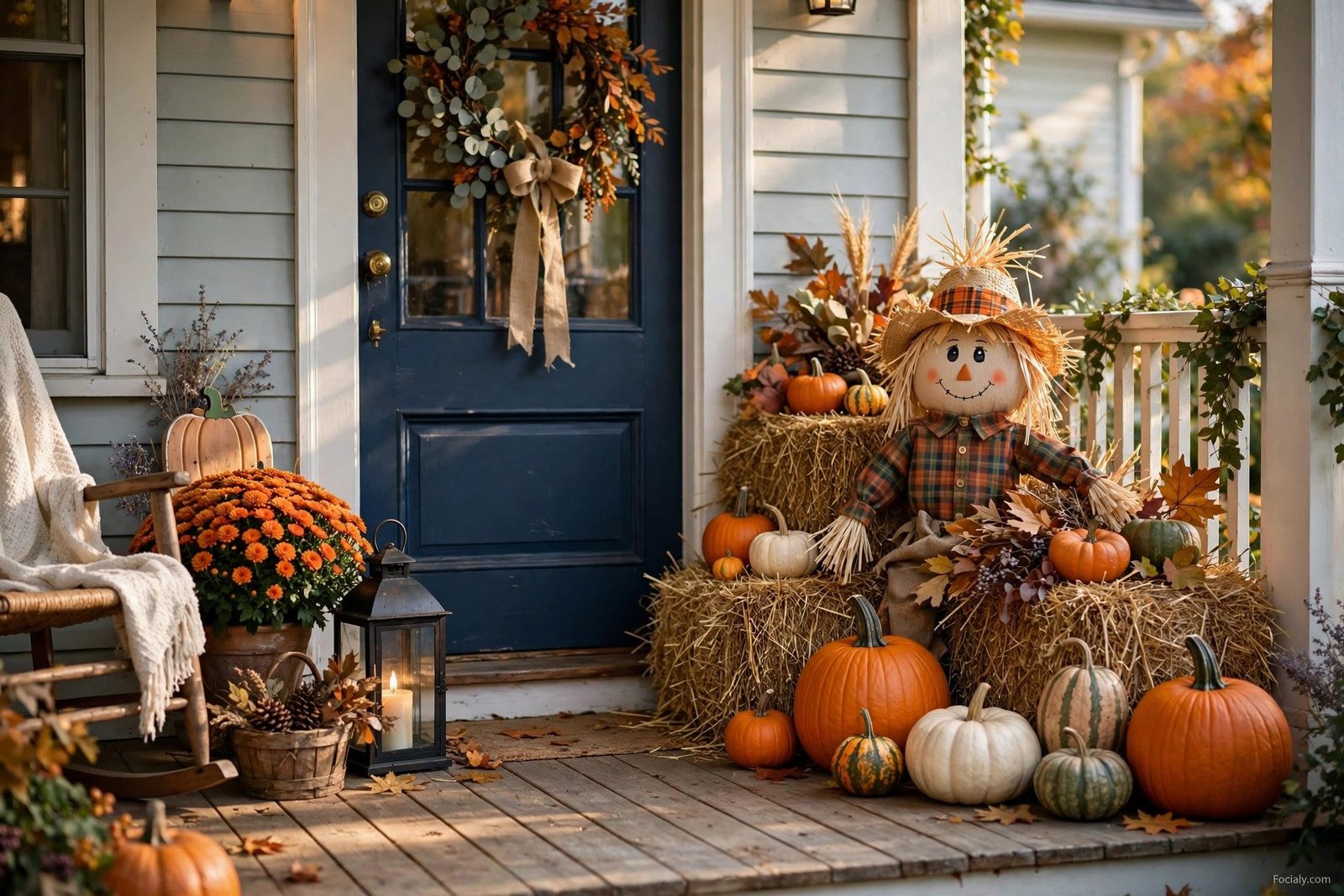 Scarecrow themed fall decor by a front door