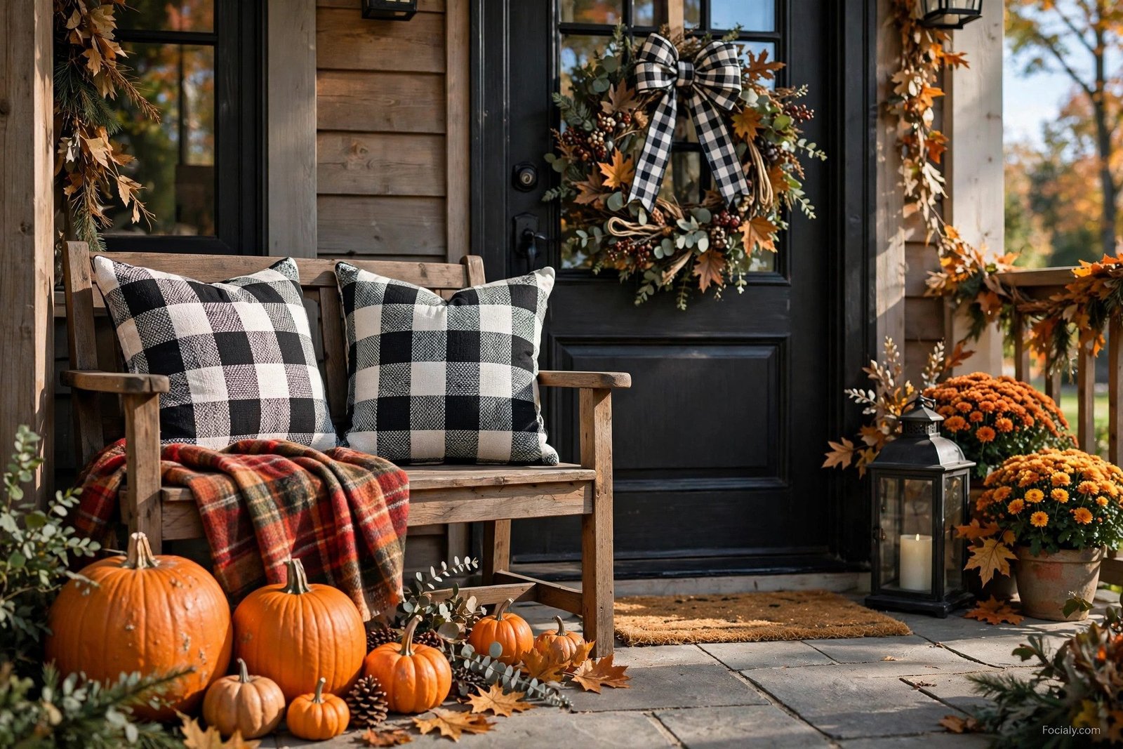 Buffalo check pillows and accents in fall door decor