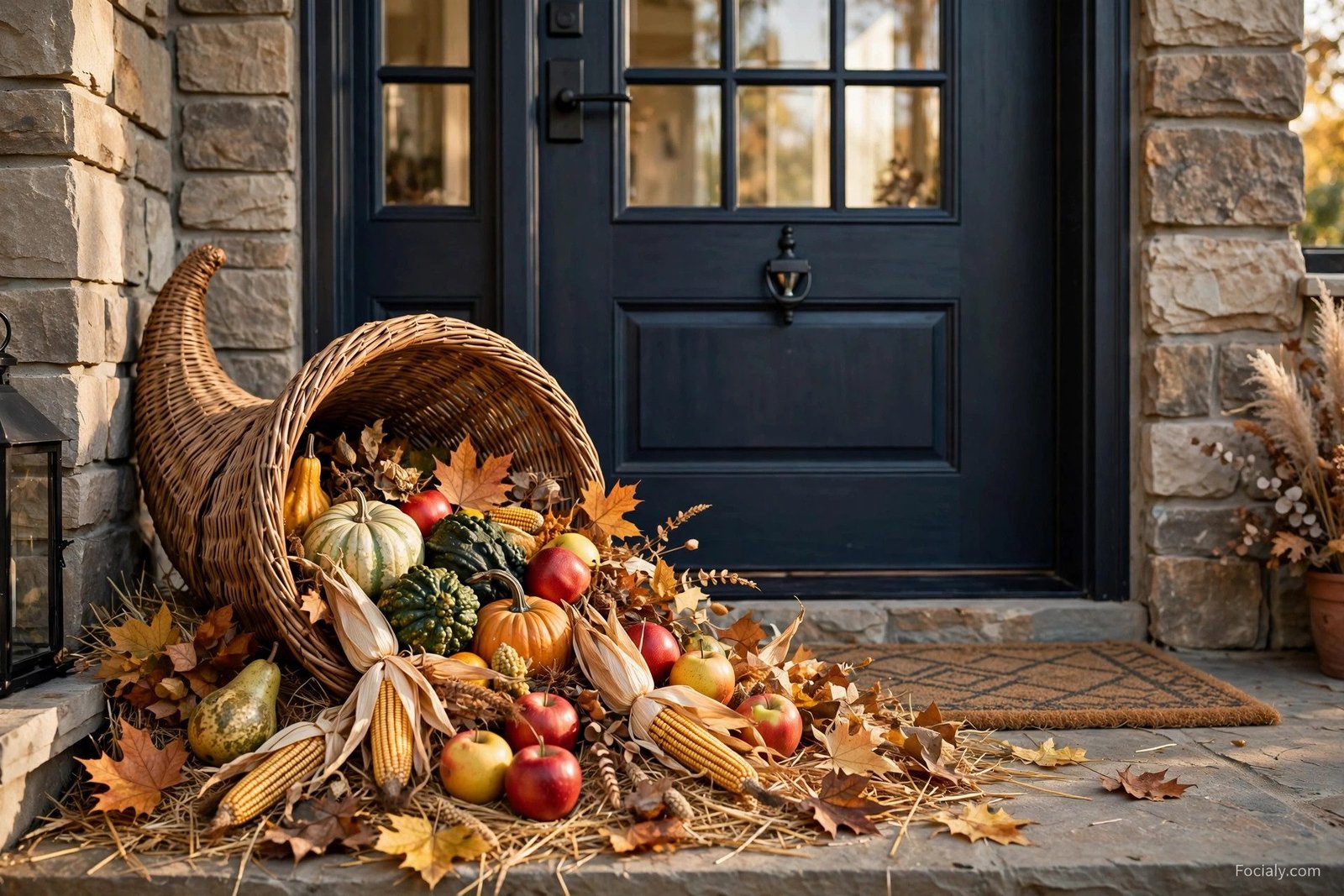 Cornucopia with harvest produce by a front door