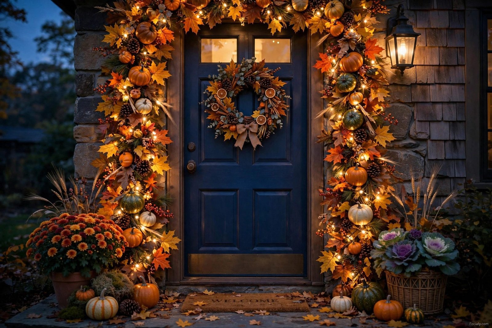 Fall garland with string lights around a front door at dusk