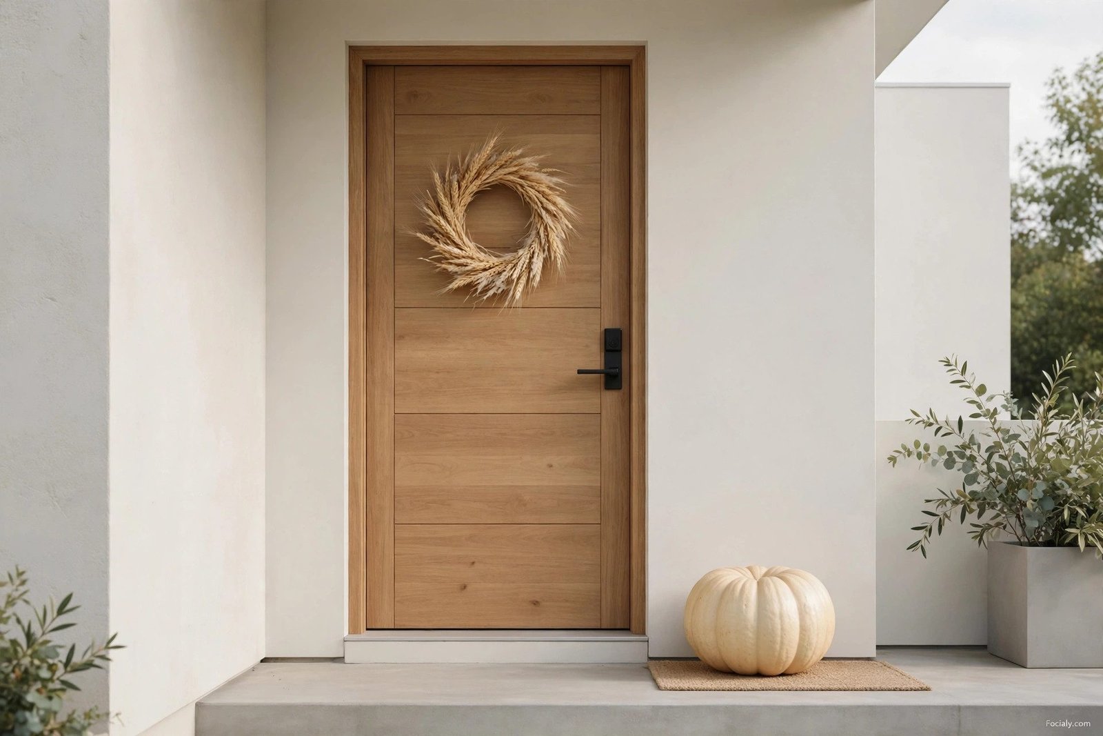 Minimalist modern fall front door decor in neutral tones