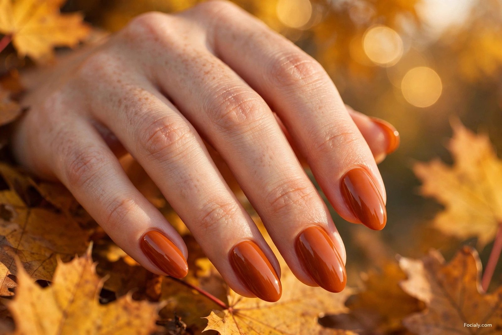 Burnt orange glossy fall nails 2026