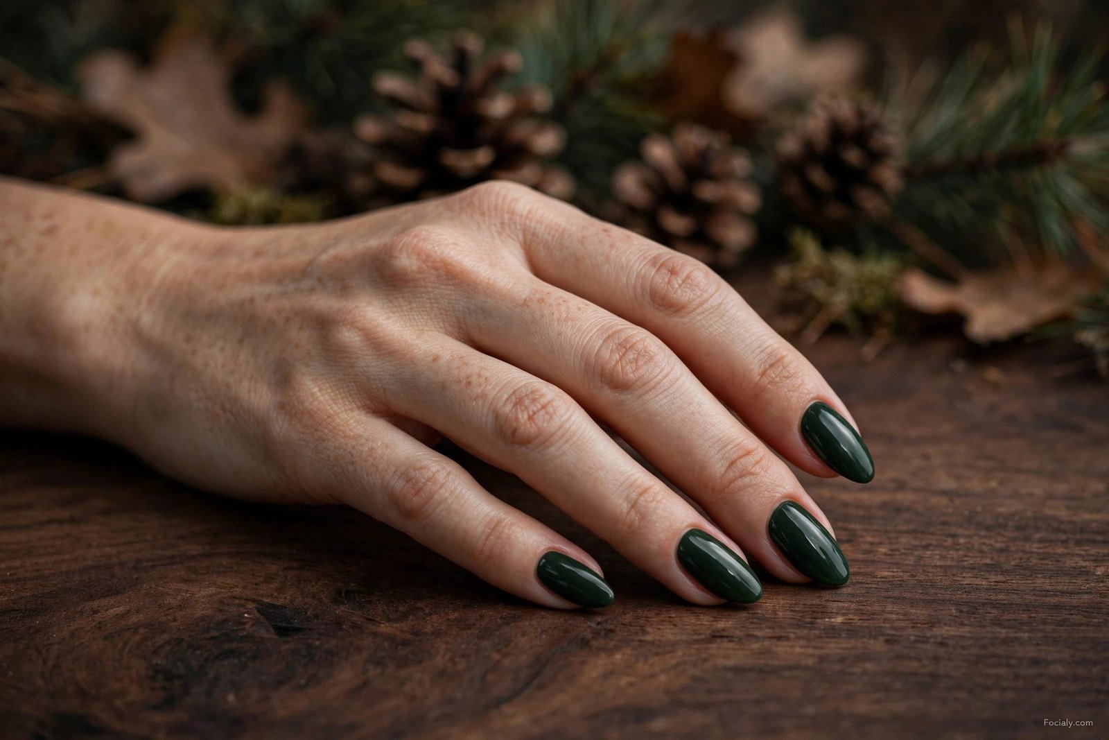 Dark forest green glossy fall nails 2026