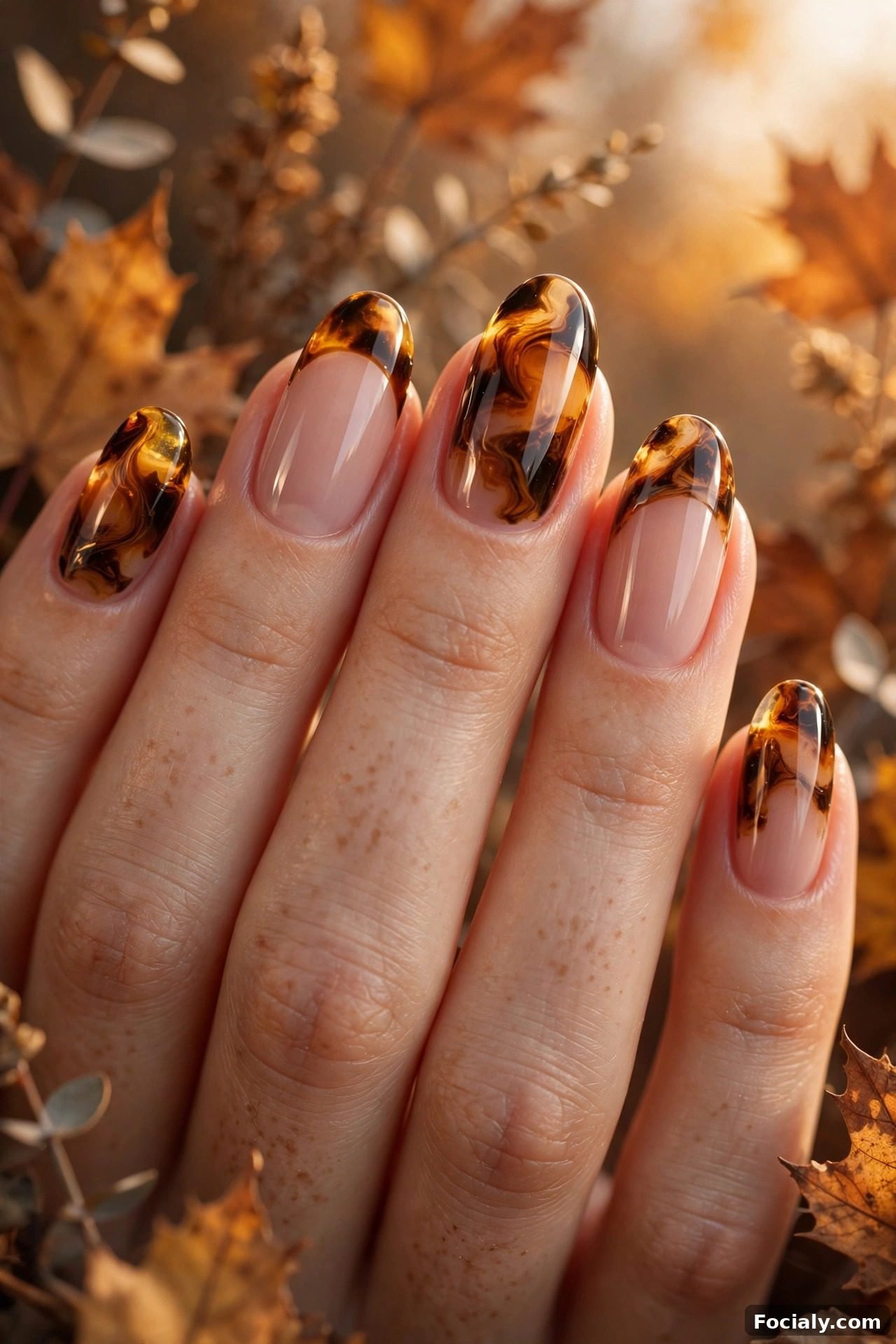 Tortoiseshell nail art with amber and brown marbled tips