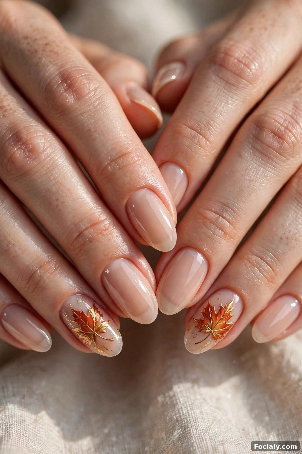 Hand-painted maple leaf nail art on nude base