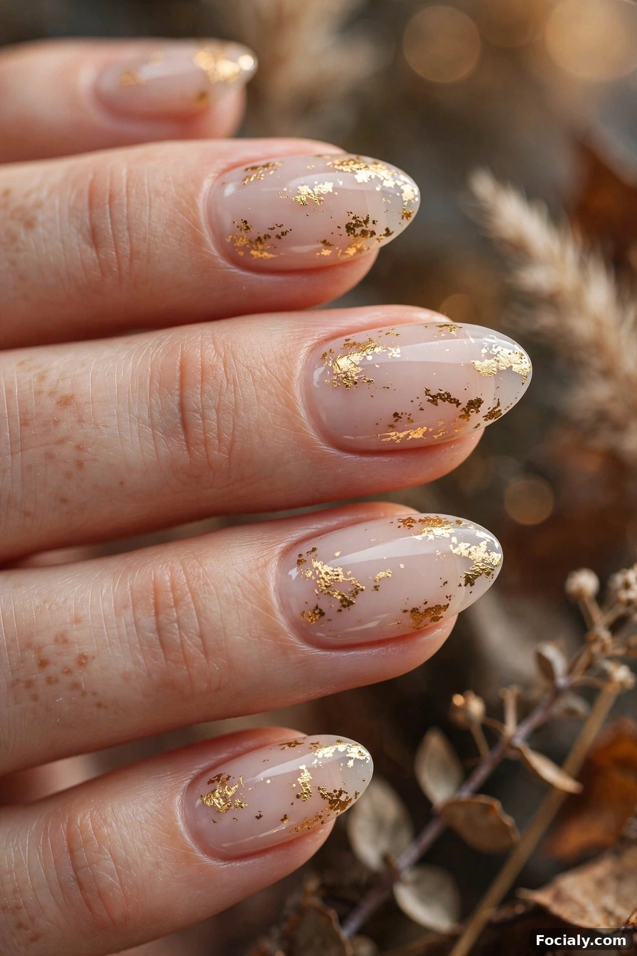 Milky nude nails with gold foil flakes