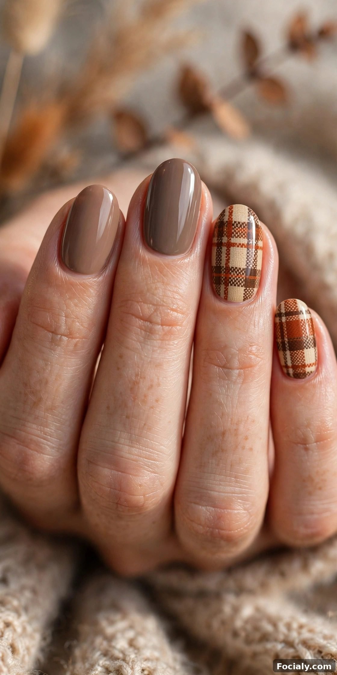 Fall plaid pattern accent nails in warm tones