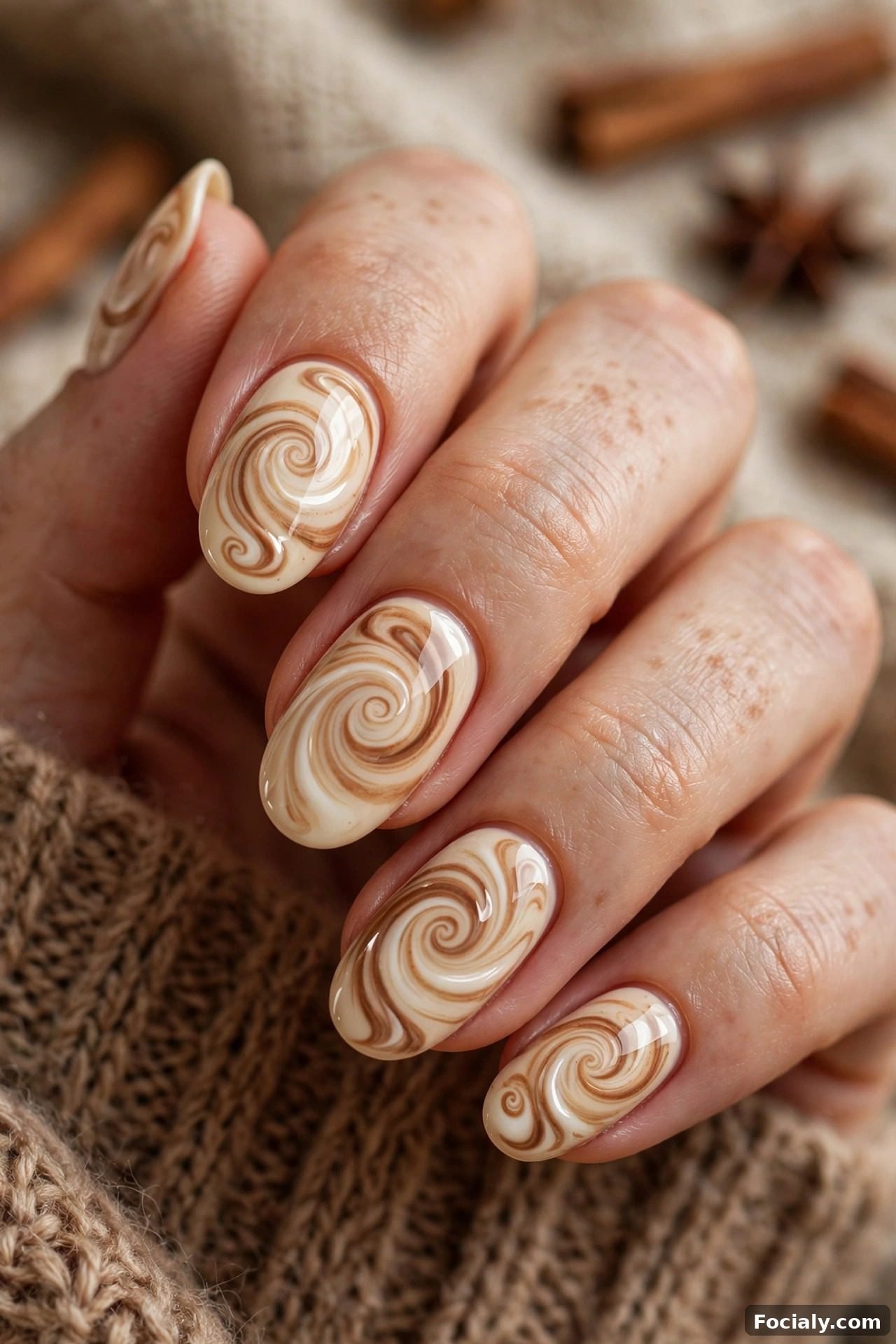 Cinnamon swirl latte art nails