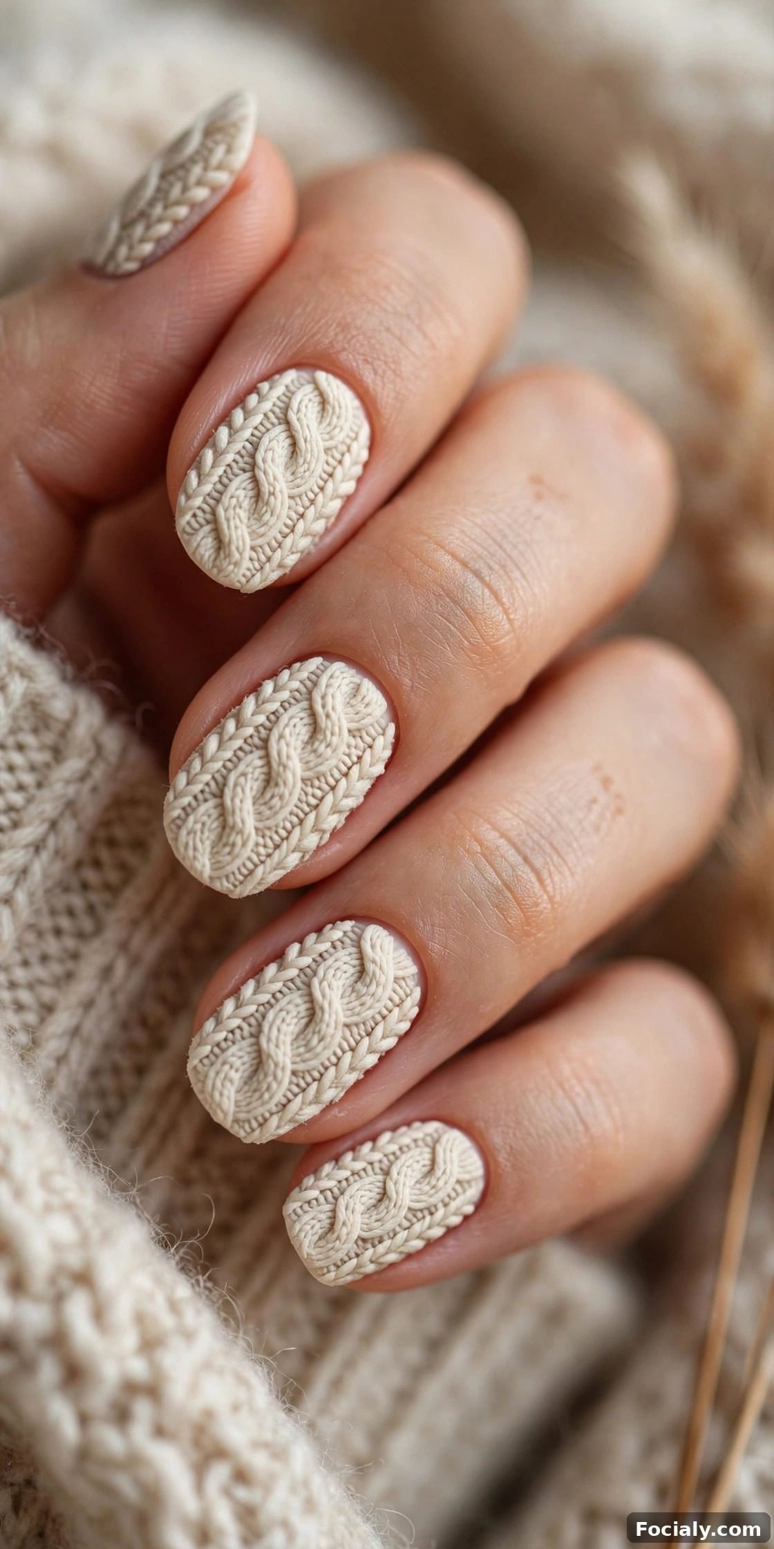 Cream cable-knit sweater texture nail art
