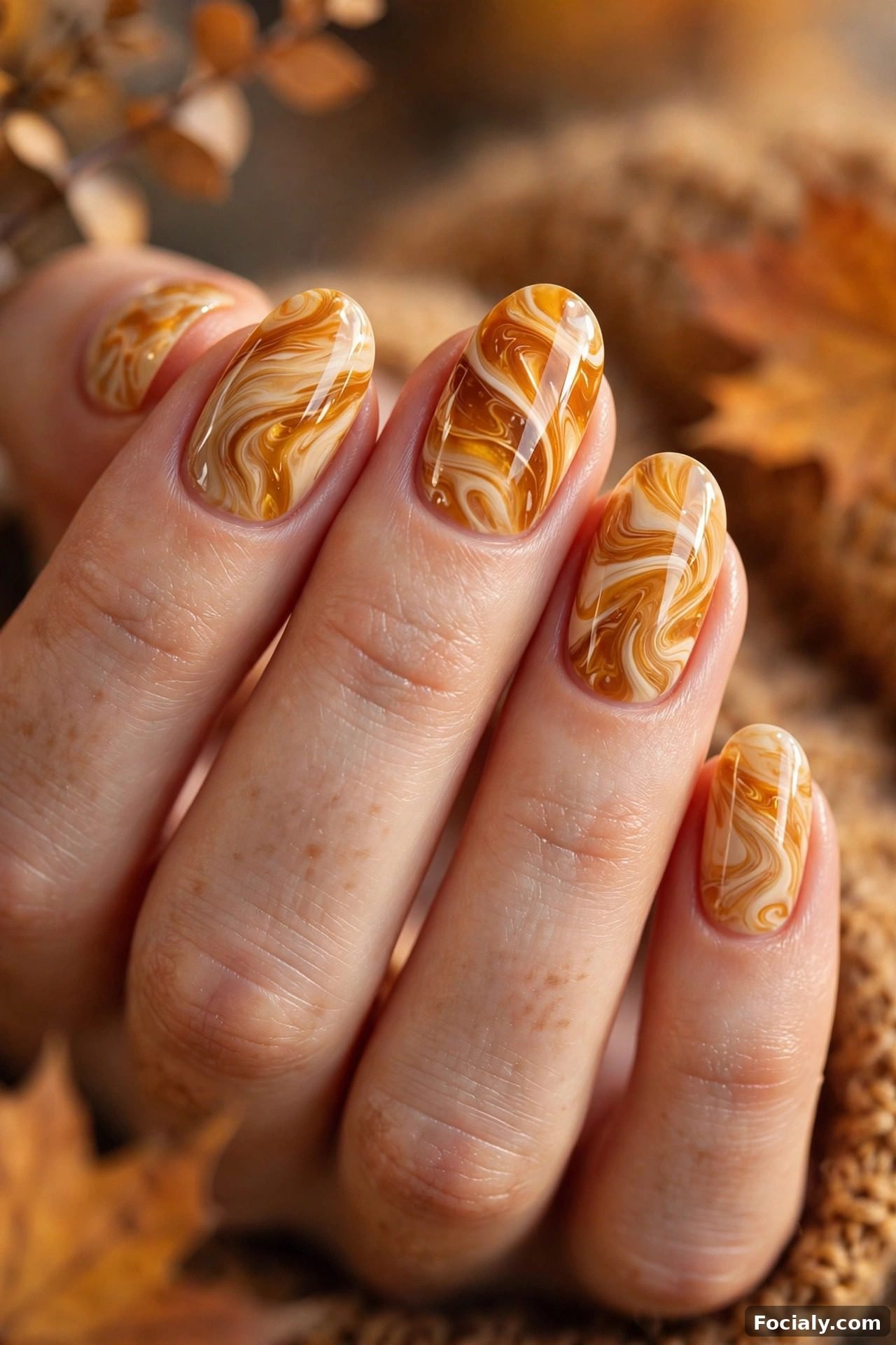 Apple cider marble effect nails in warm tones
