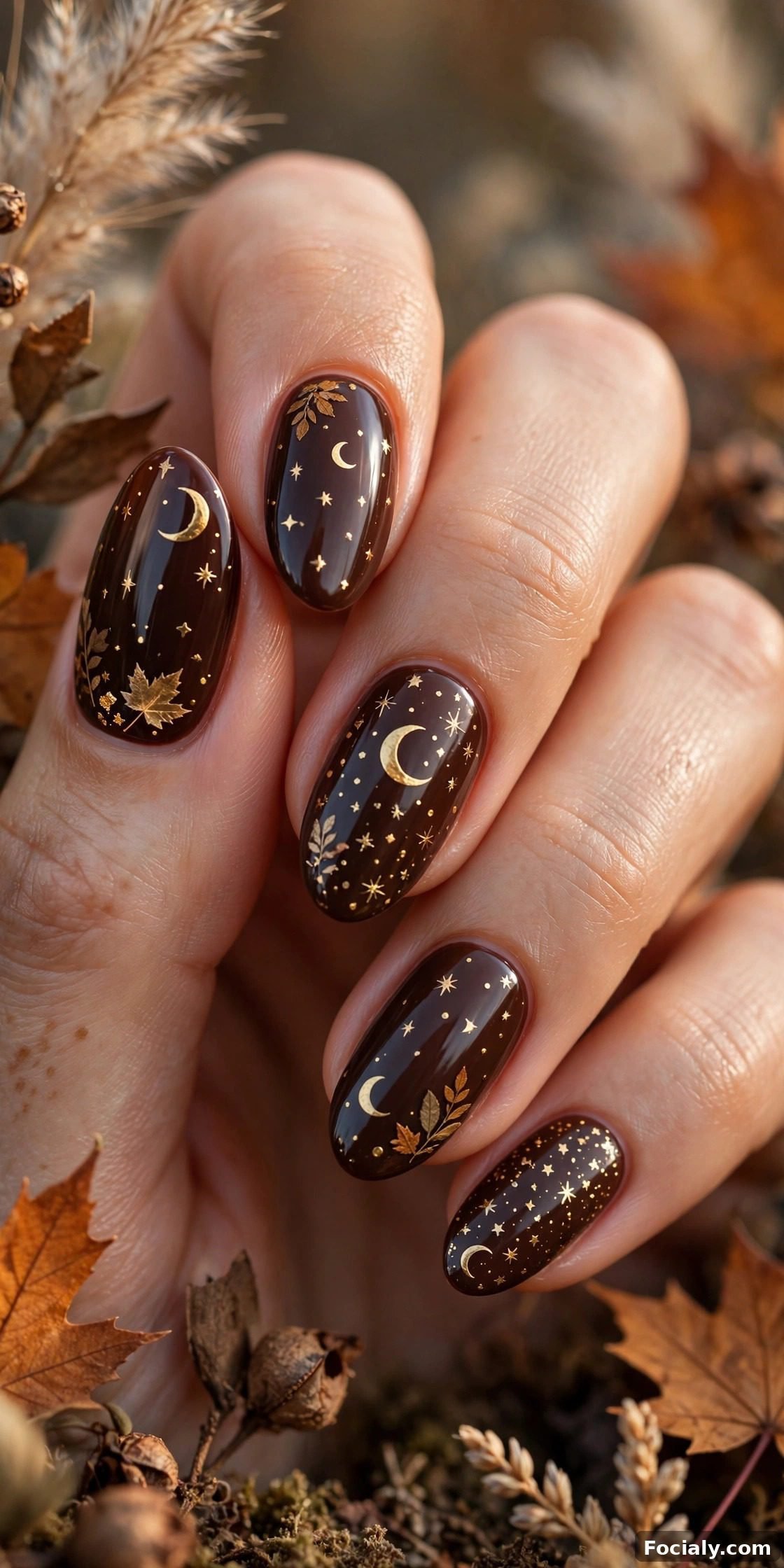 Gold moon and star nail art on deep brown base