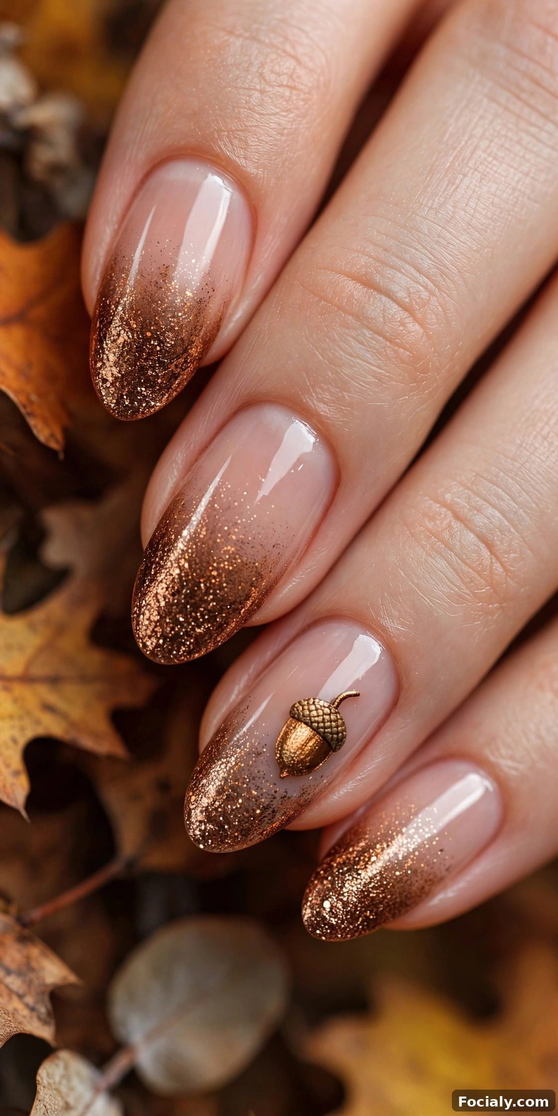 Acorn-inspired glitter gradient fade nails