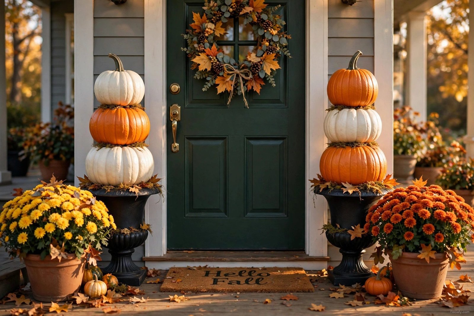 Pumpkin topiary stack on a fall front porch