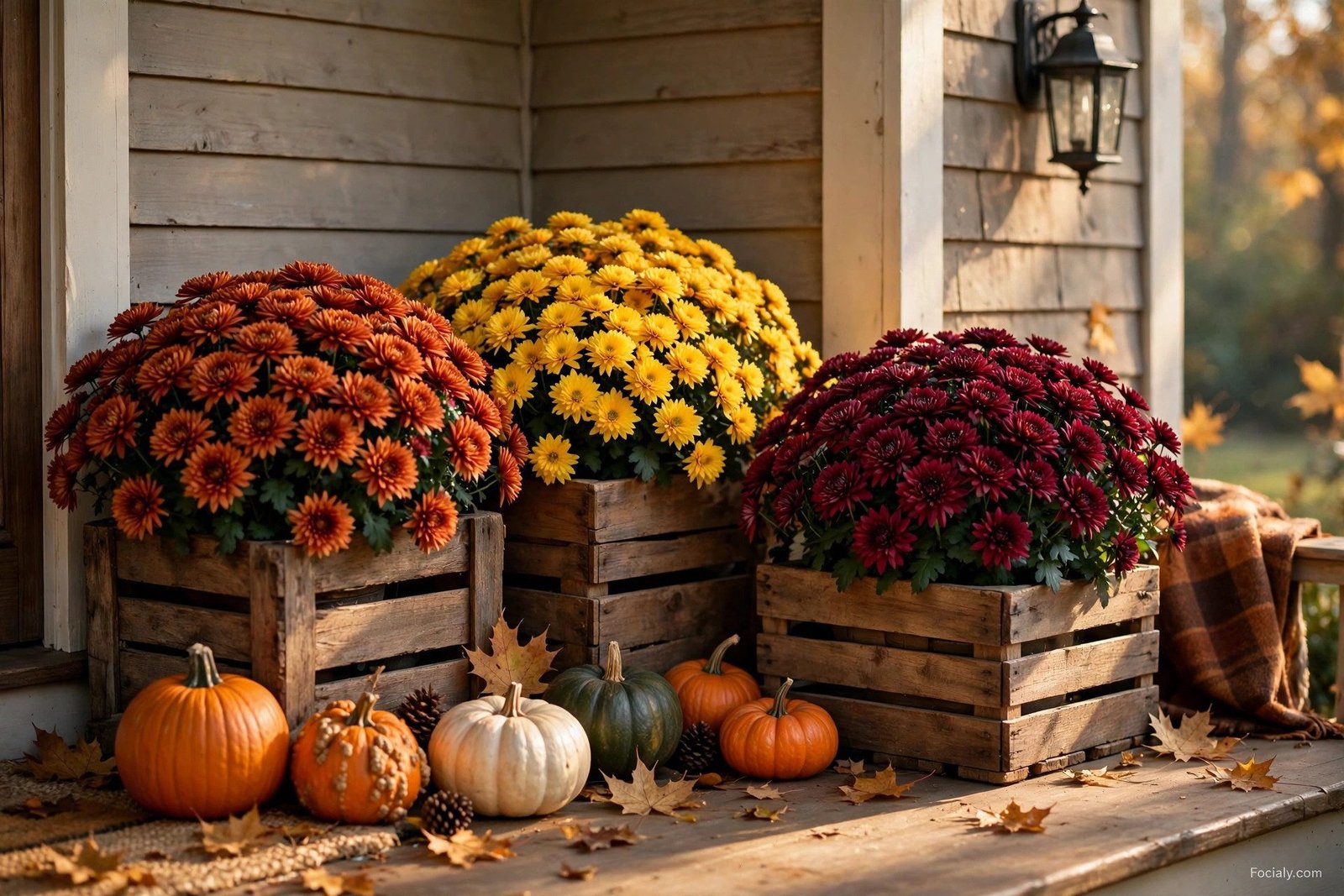 Colorful mums in wooden crates on a fall porch