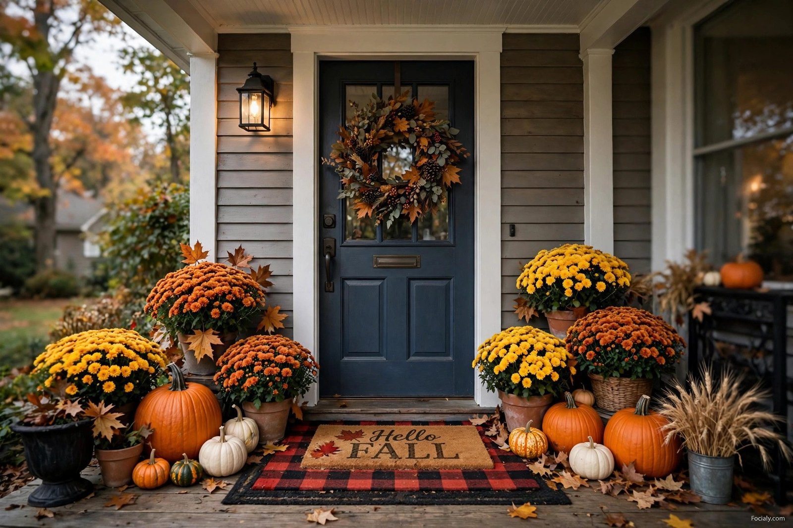 Layered buffalo plaid rug and fall doormat on porch