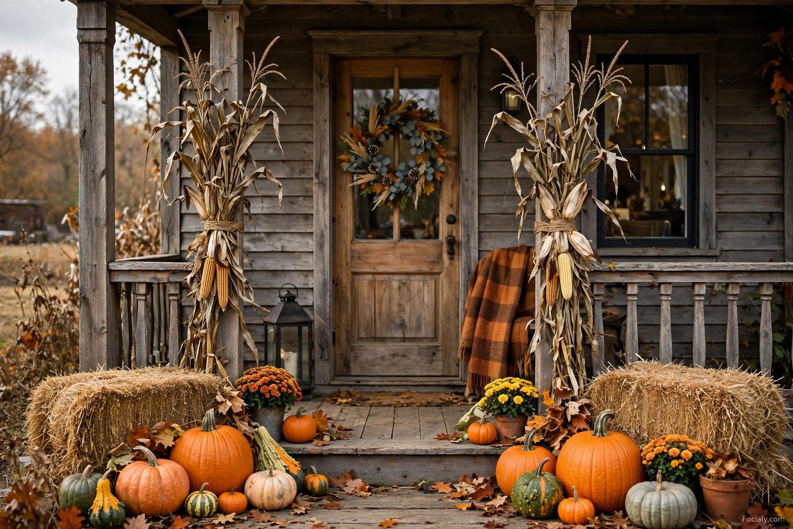 Dried corn stalks tied to porch columns for fall