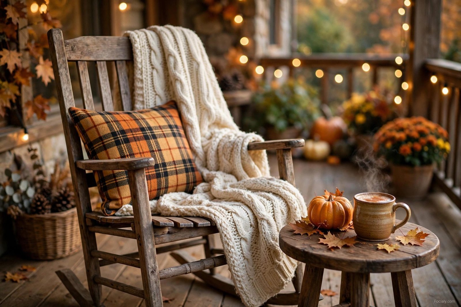 Rocking chair with knit blanket on a fall porch