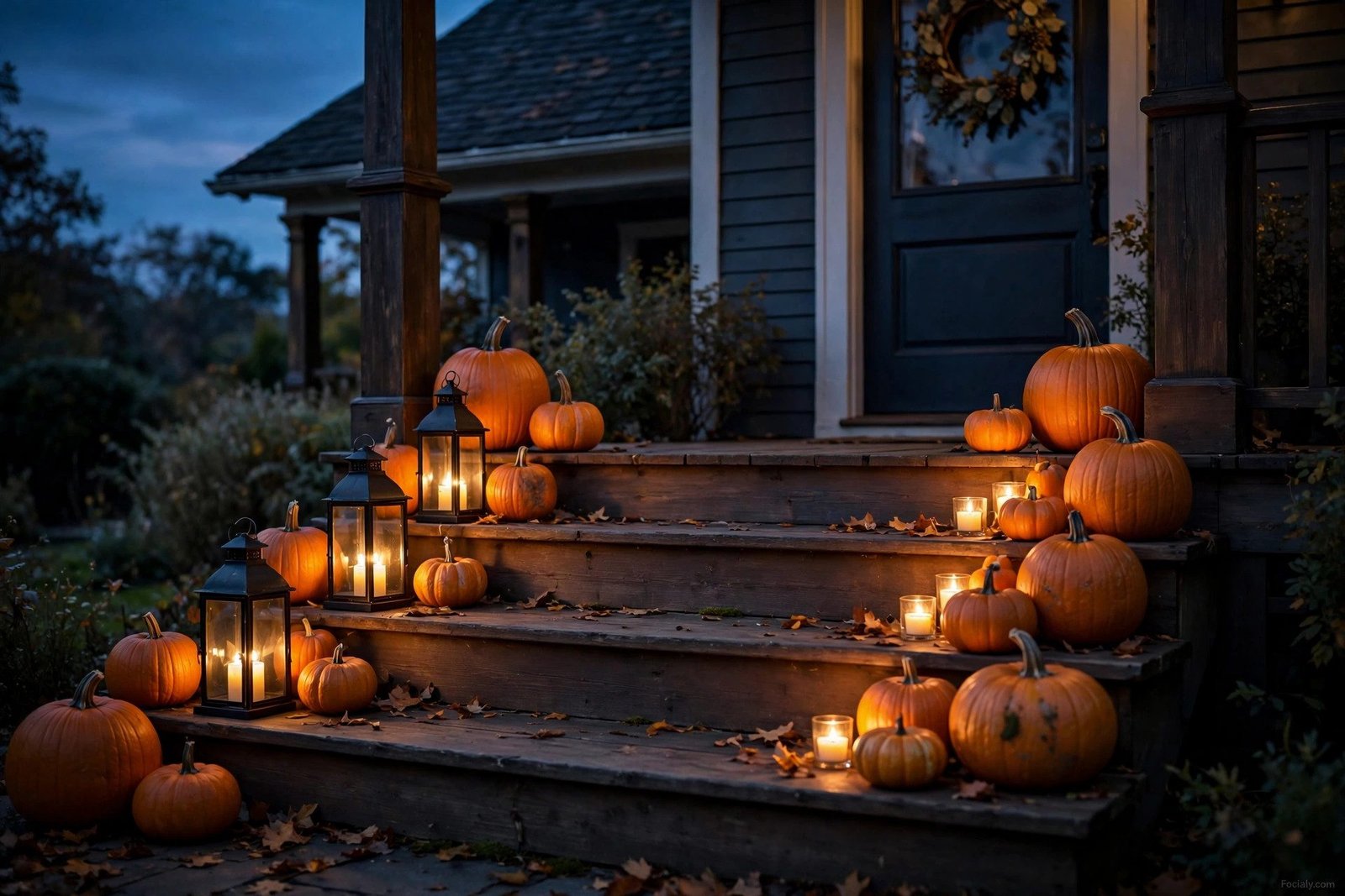 Glowing lanterns and pumpkins lining porch steps at dusk