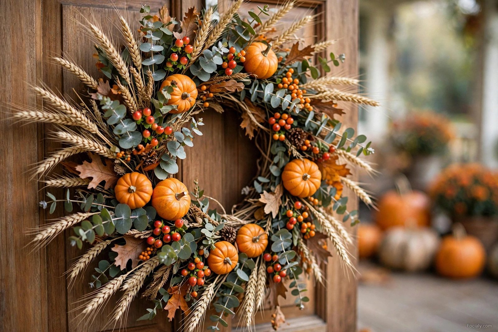 Large fall harvest wreath on a wooden front door