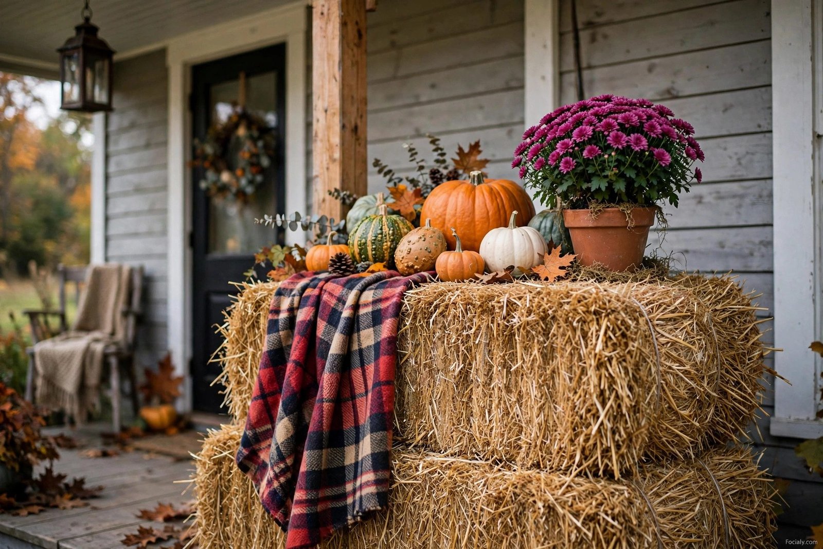 Hay bales styled as a display table with pumpkins on porch