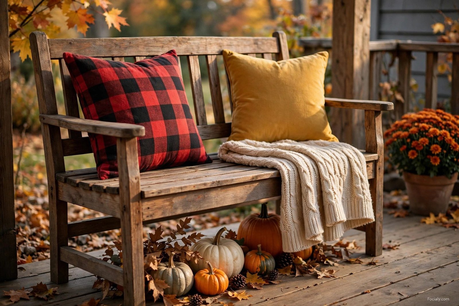 Porch bench with plaid pillows and knit throw for fall