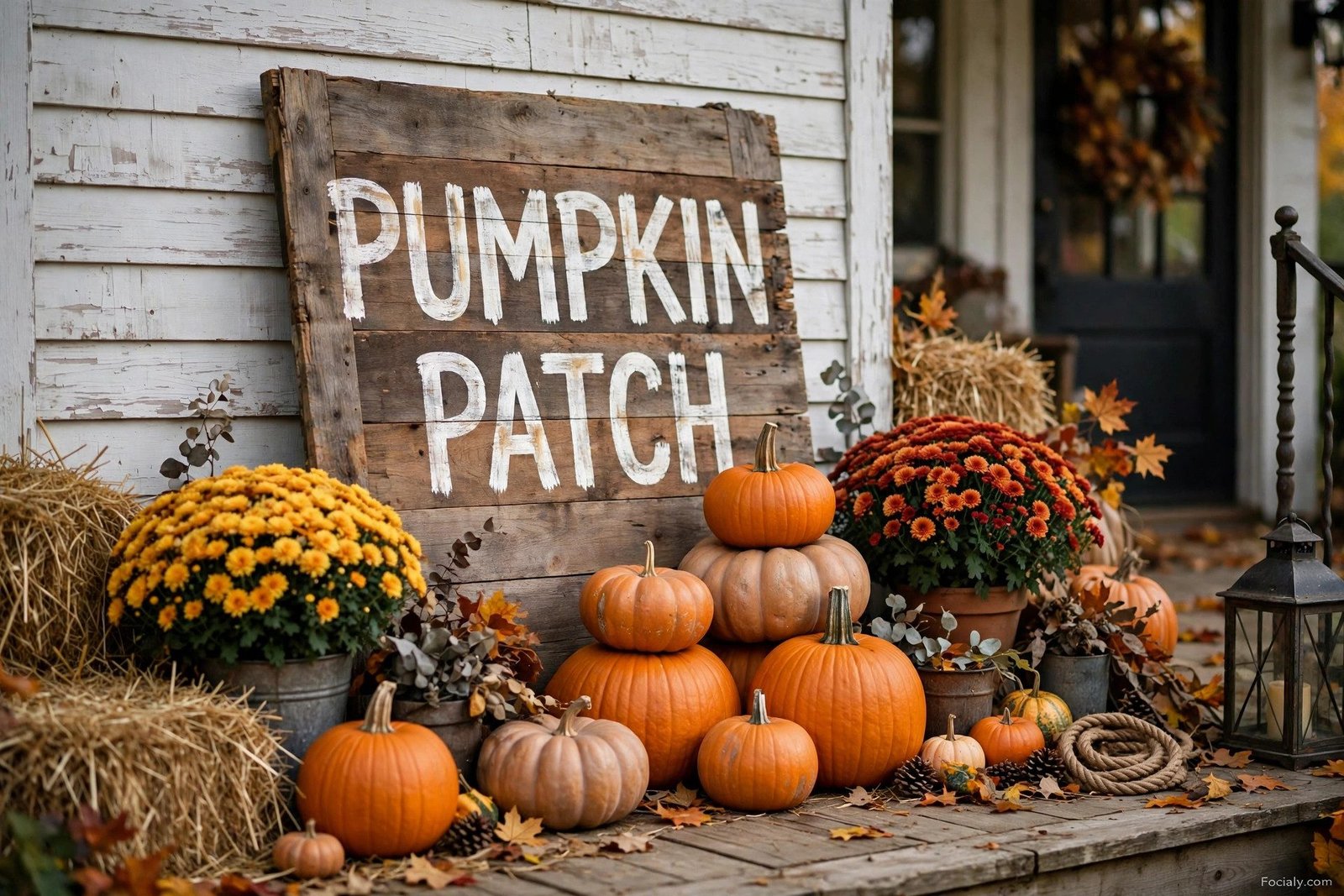 Rustic wooden pumpkin patch sign on a fall porch