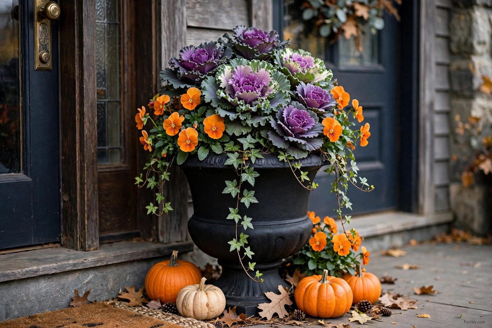 Ornamental kale and cabbage in a fall porch urn planter