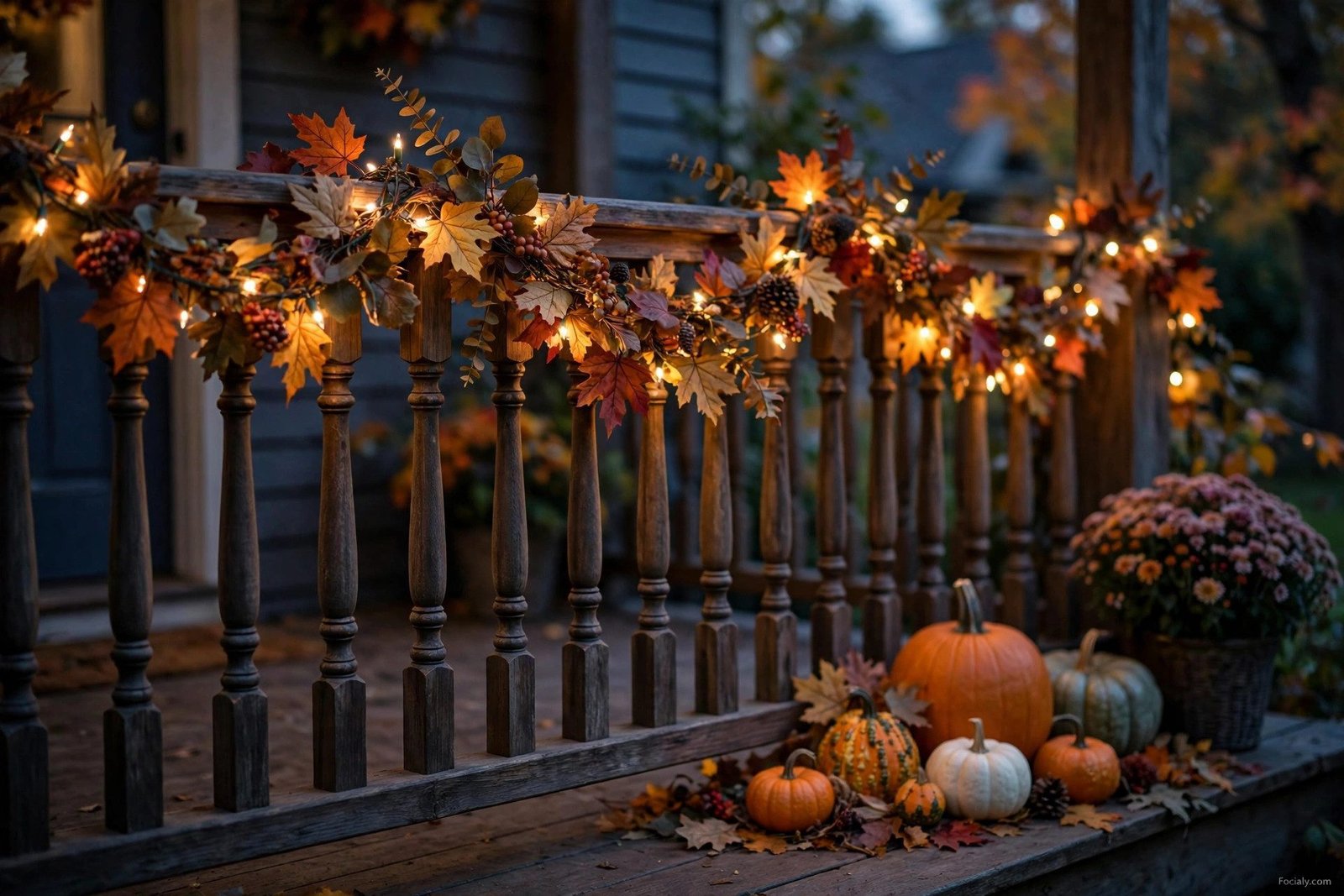 Fairy string lights woven through fall garland on porch railing