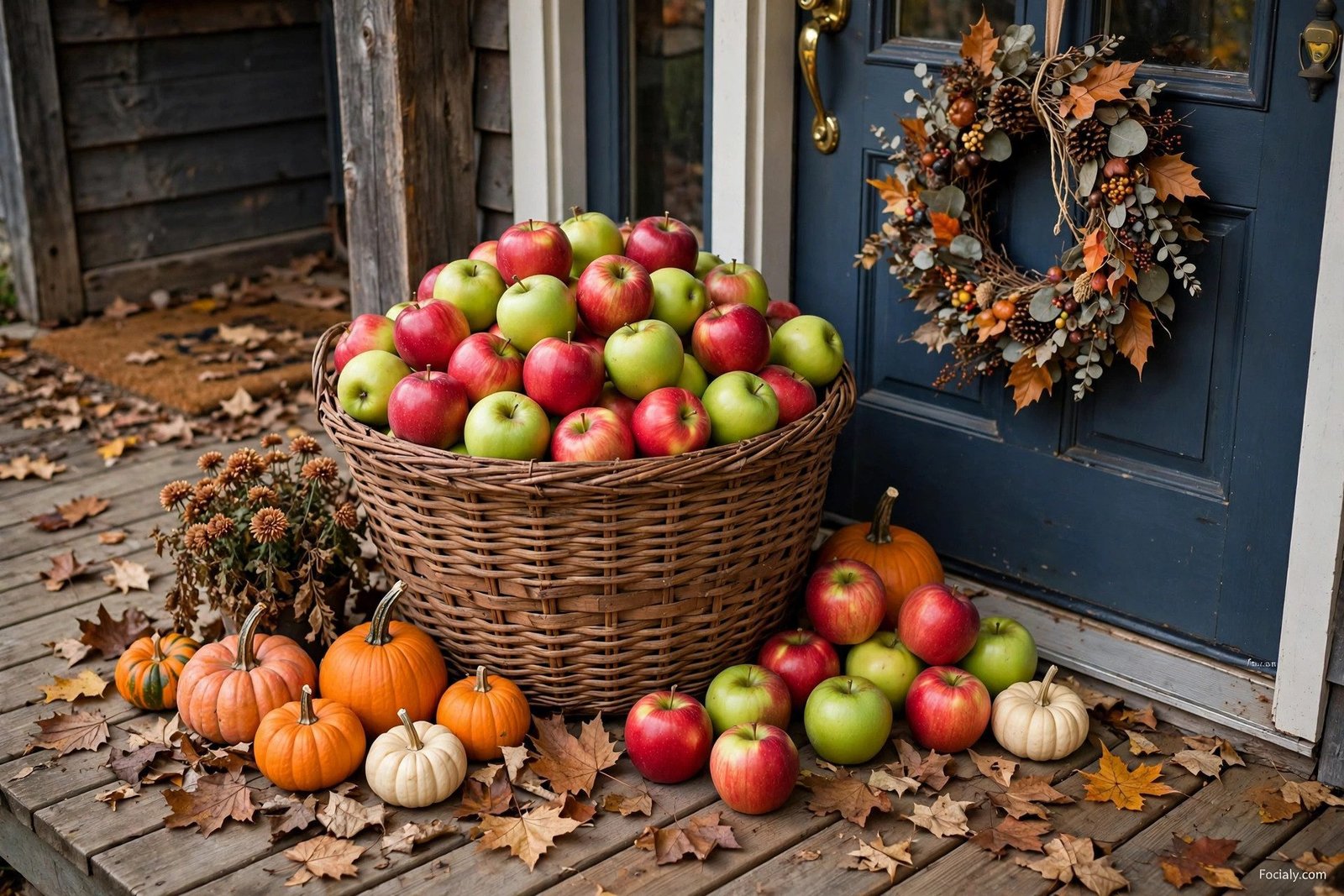 Bushel basket of apples by a fall front door