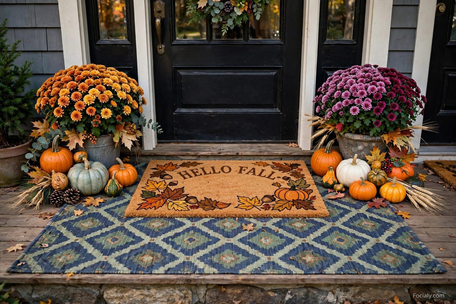 Double layered fall doormats with pumpkins by the doorway