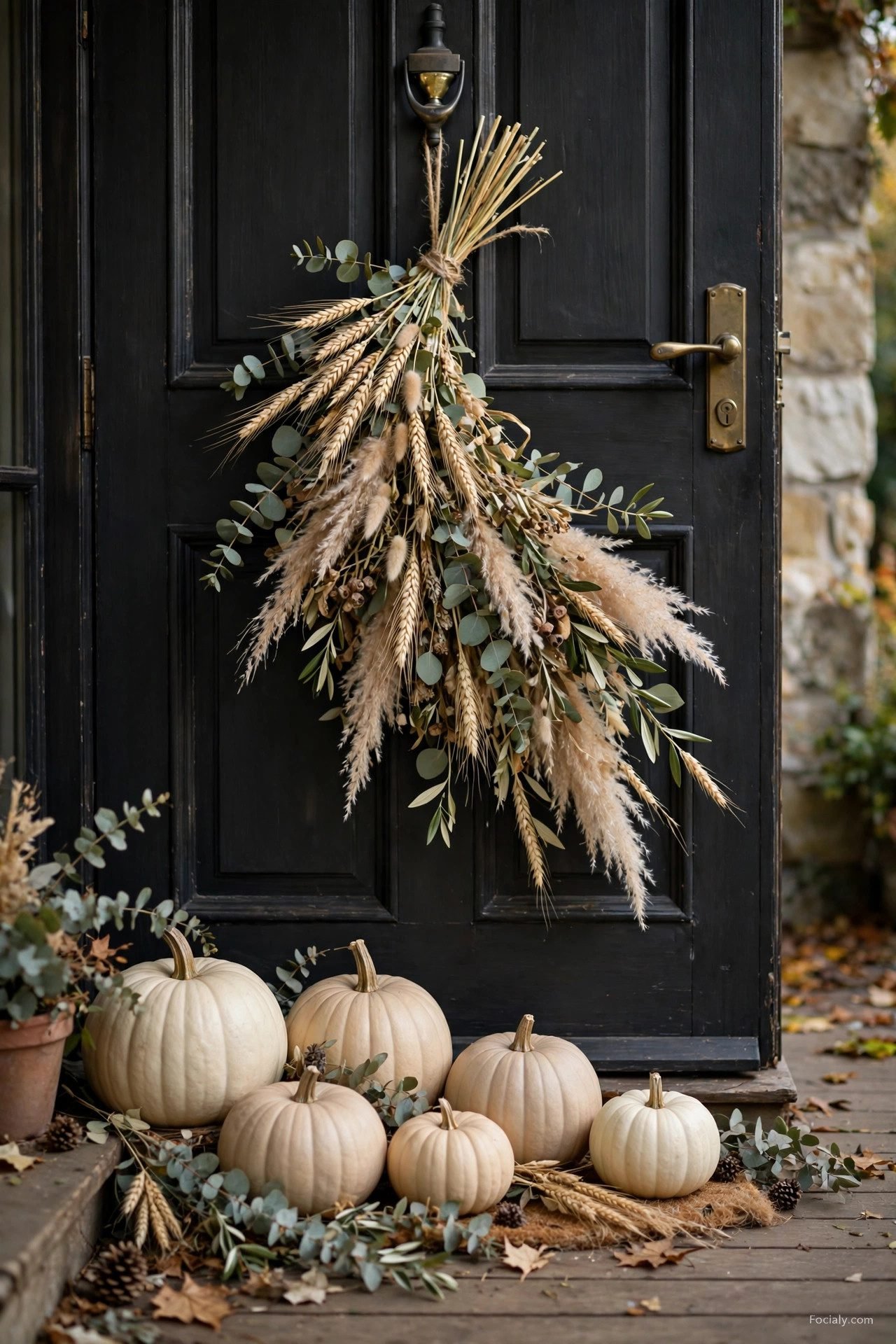Dried wheat and eucalyptus swag on a dark front door