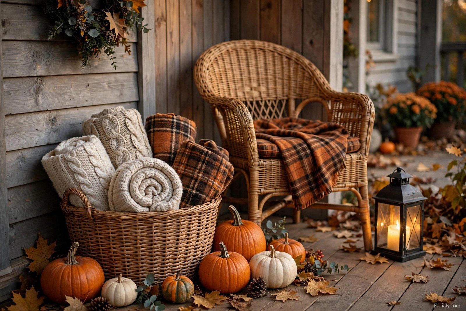 Basket of knit blankets beside a chair on a fall porch