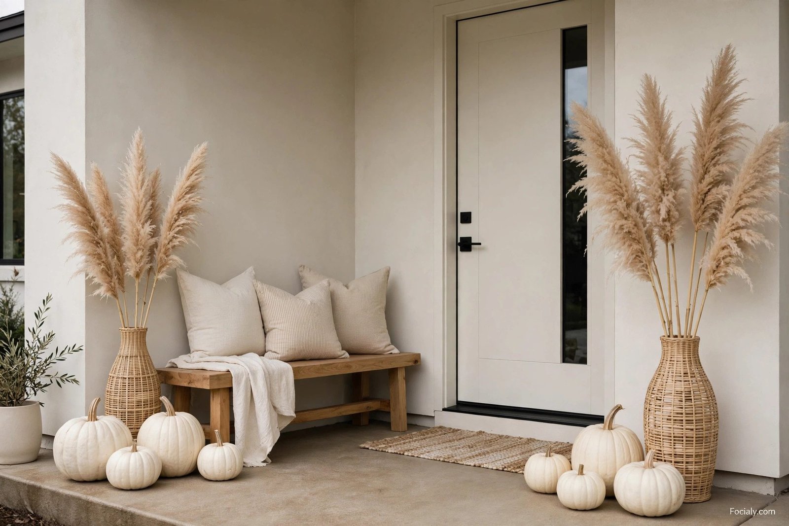 Neutral cream and white fall porch with white pumpkins