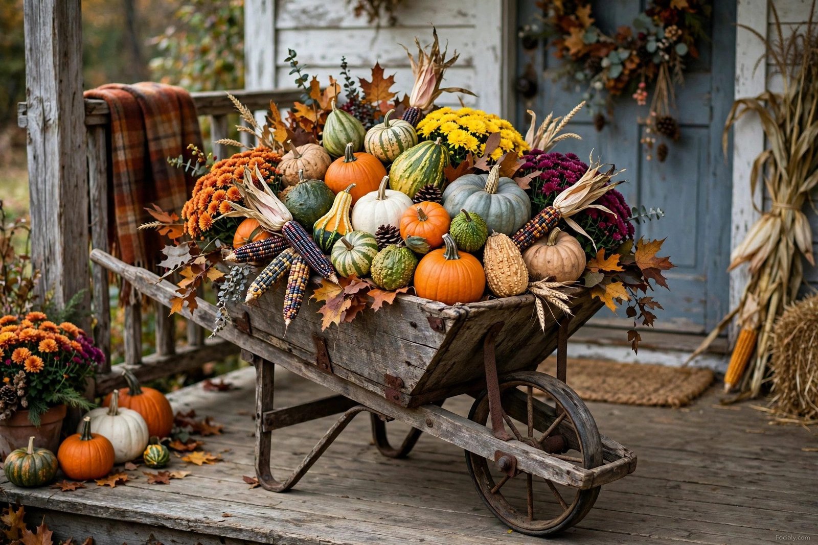 Vintage wheelbarrow filled with pumpkins and mums on porch