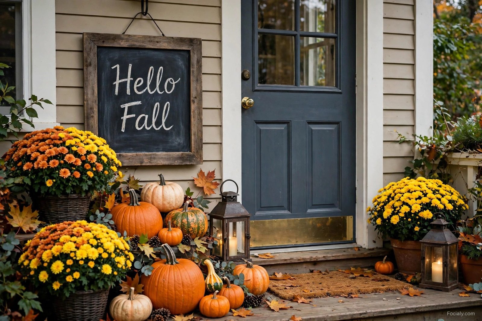 Hello Fall chalkboard sign surrounded by pumpkins on porch