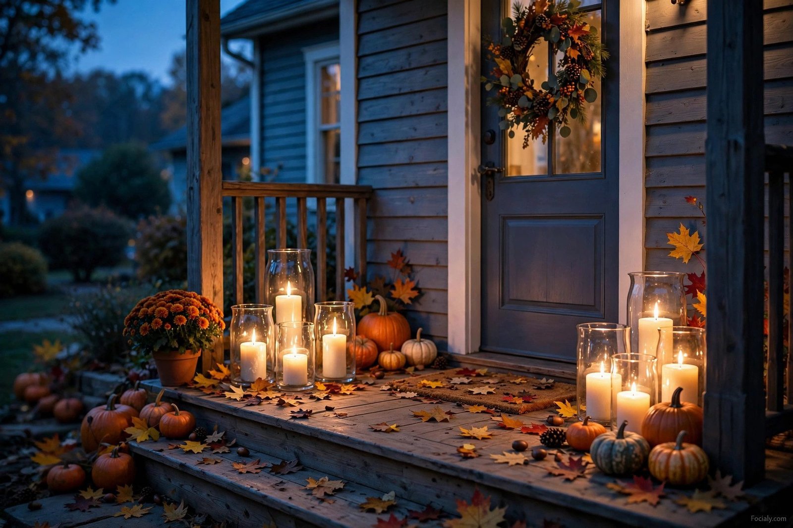 Candle clusters glowing on a fall porch at dusk