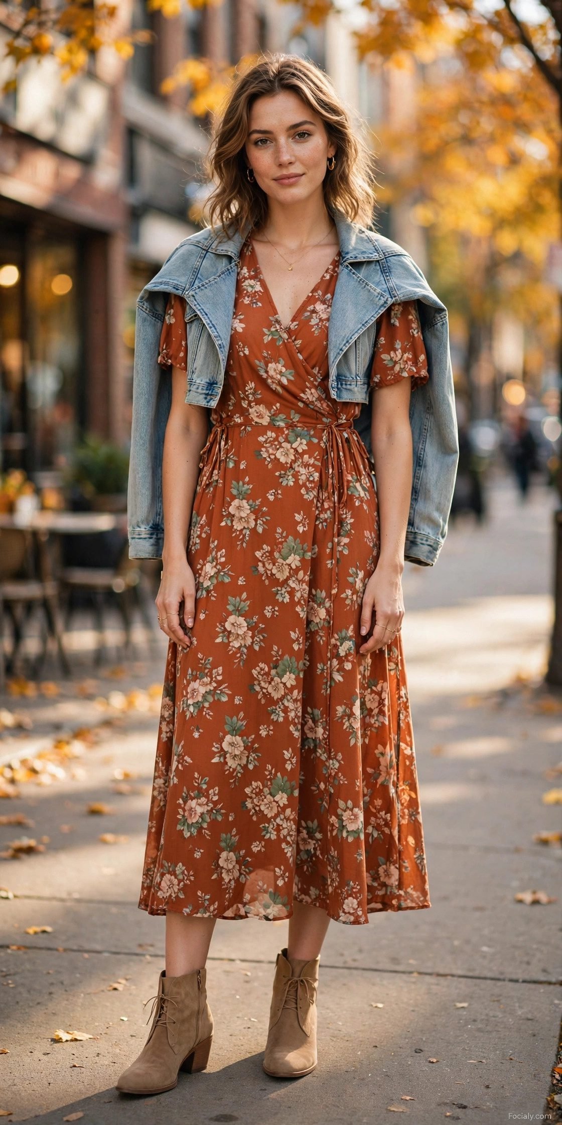 Woman in a rust floral midi dress with a cropped denim jacket and ankle boots