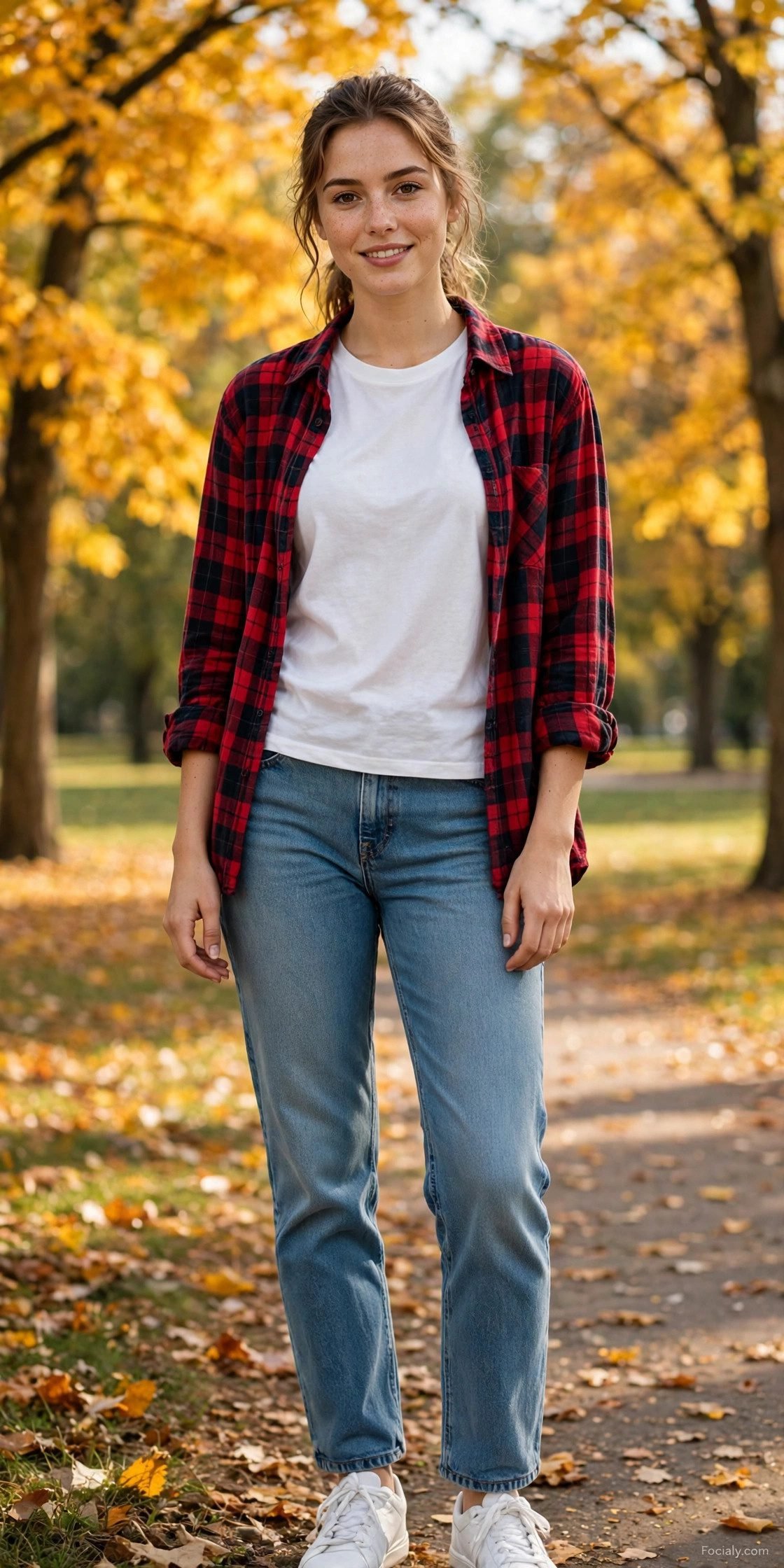 Woman in a white t-shirt with an open plaid flannel shirt and jeans