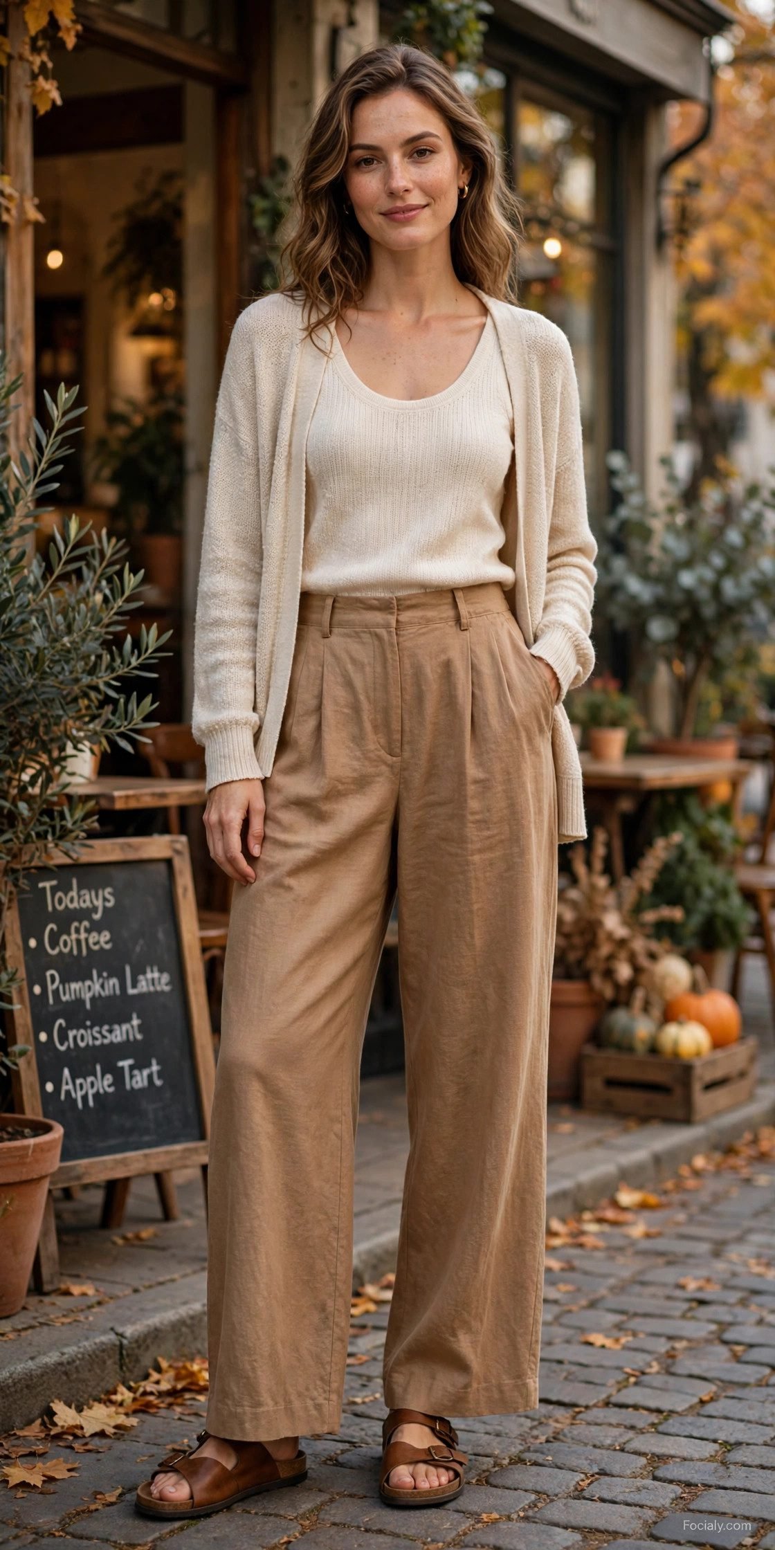 Woman in a cream knit tank with camel linen trousers and an open cardigan