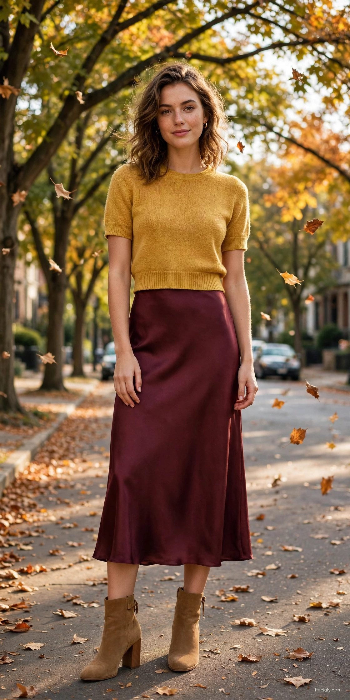 Woman in a mustard cropped sweater with a burgundy satin slip skirt