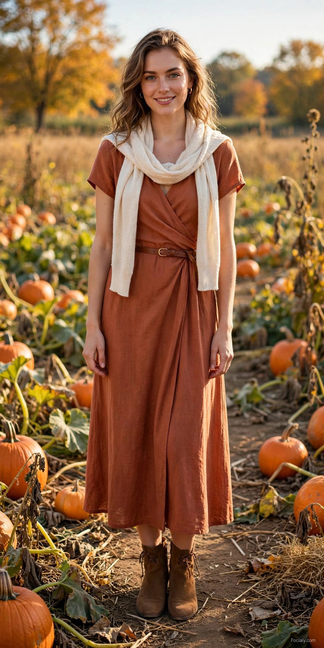 Woman in a terracotta wrap sundress with ankle boots and a light scarf