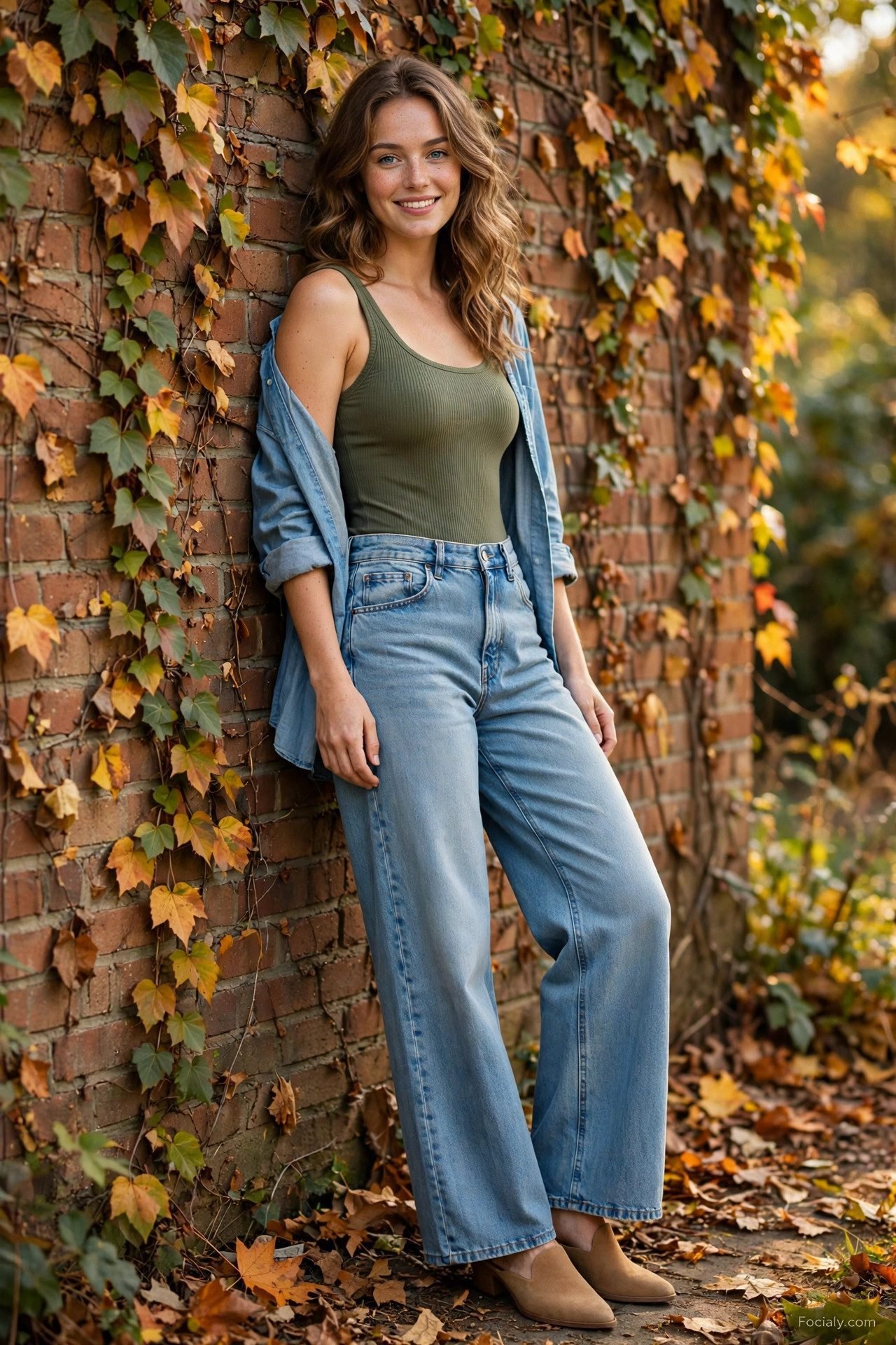 Woman in an olive bodysuit with wide-leg jeans and an open chambray shirt