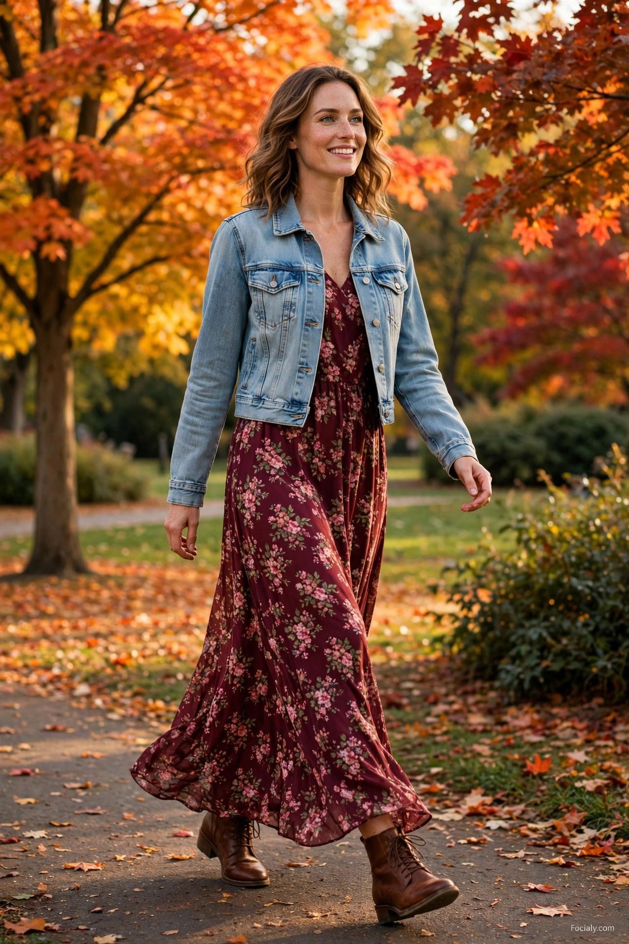 Woman in a burgundy floral maxi dress with a cropped denim jacket