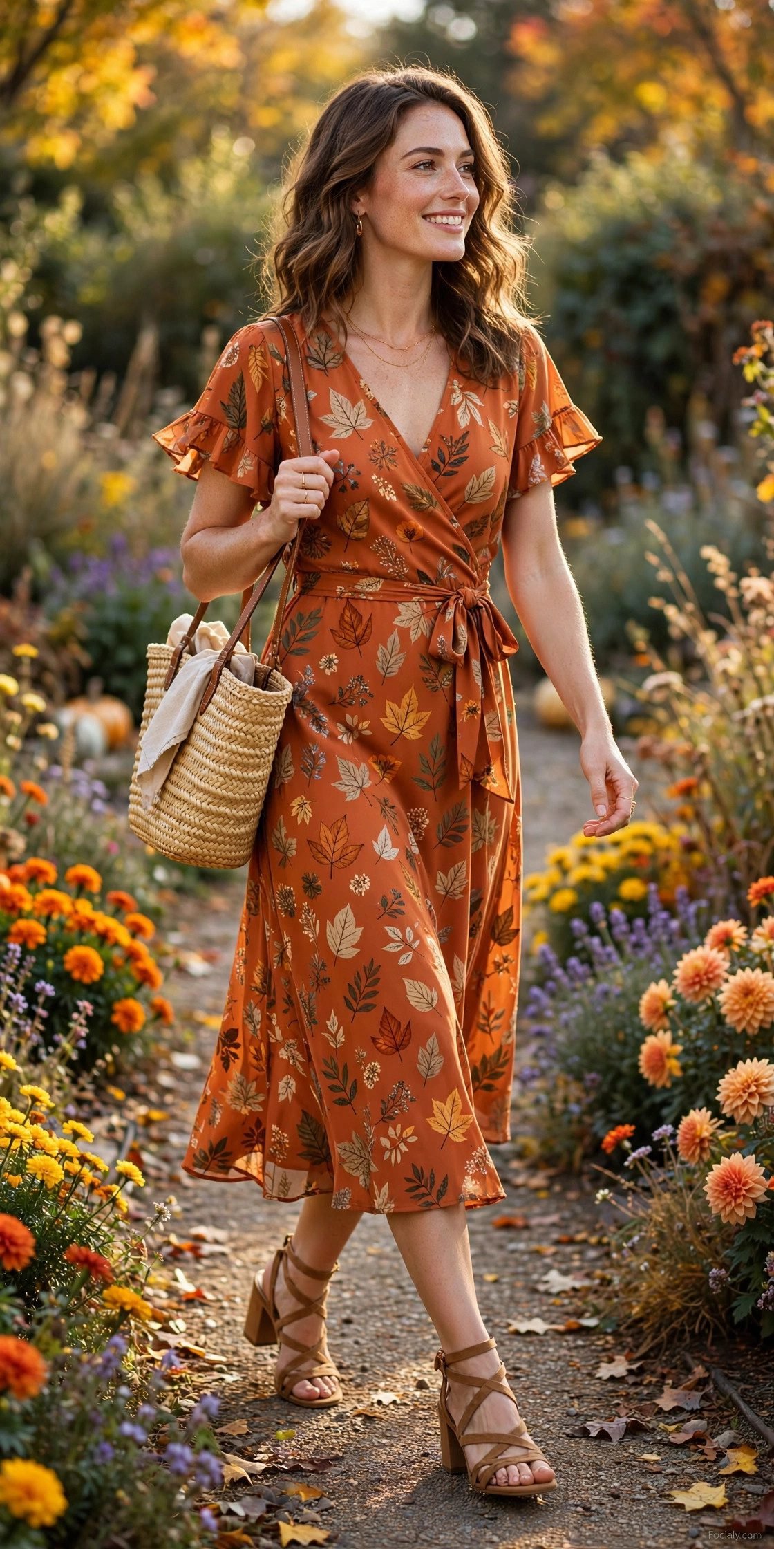Woman in a burnt-orange autumn print wrap dress with block-heel sandals