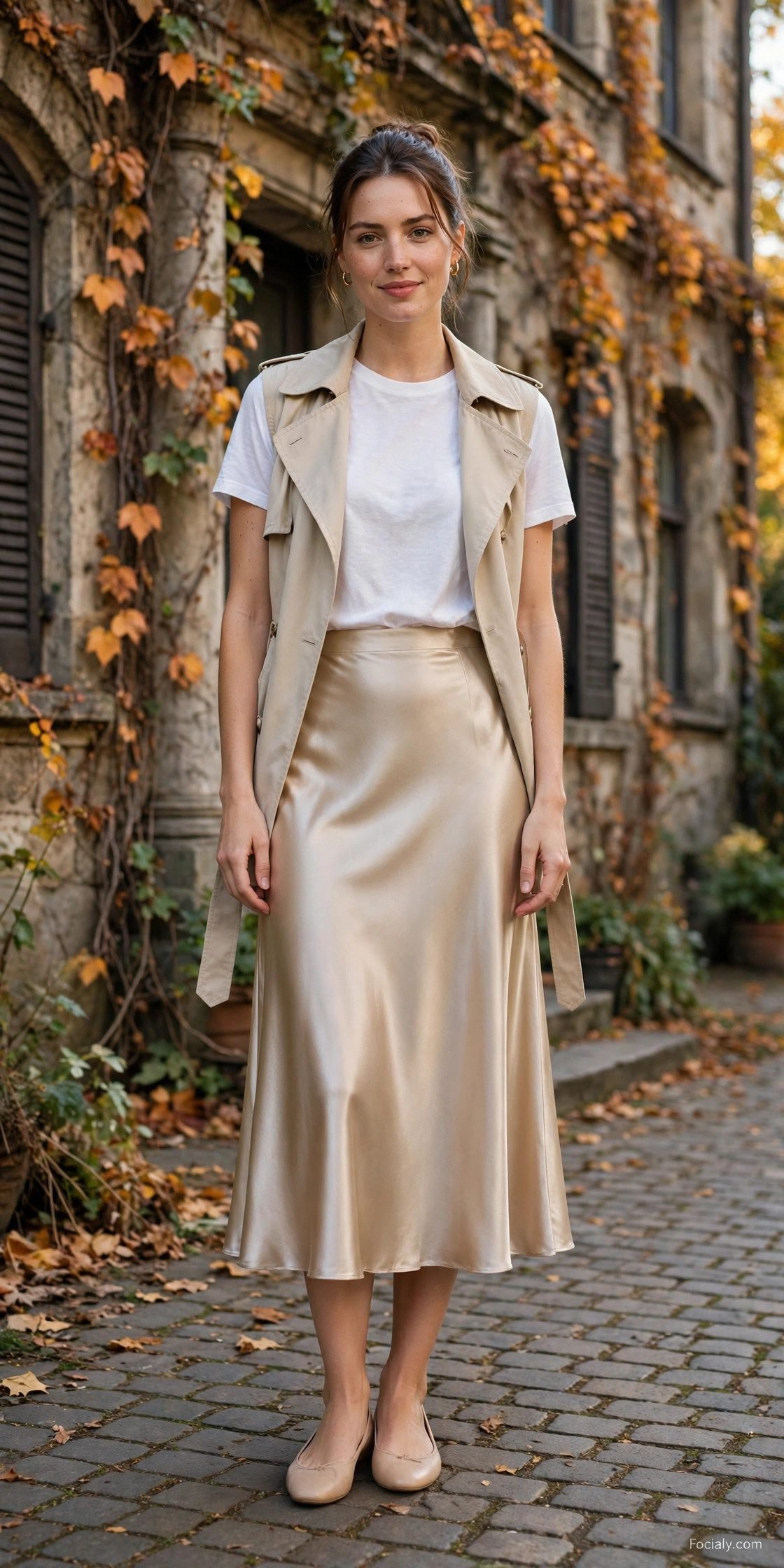 Woman in a champagne satin midi skirt with a white tee and beige trench vest