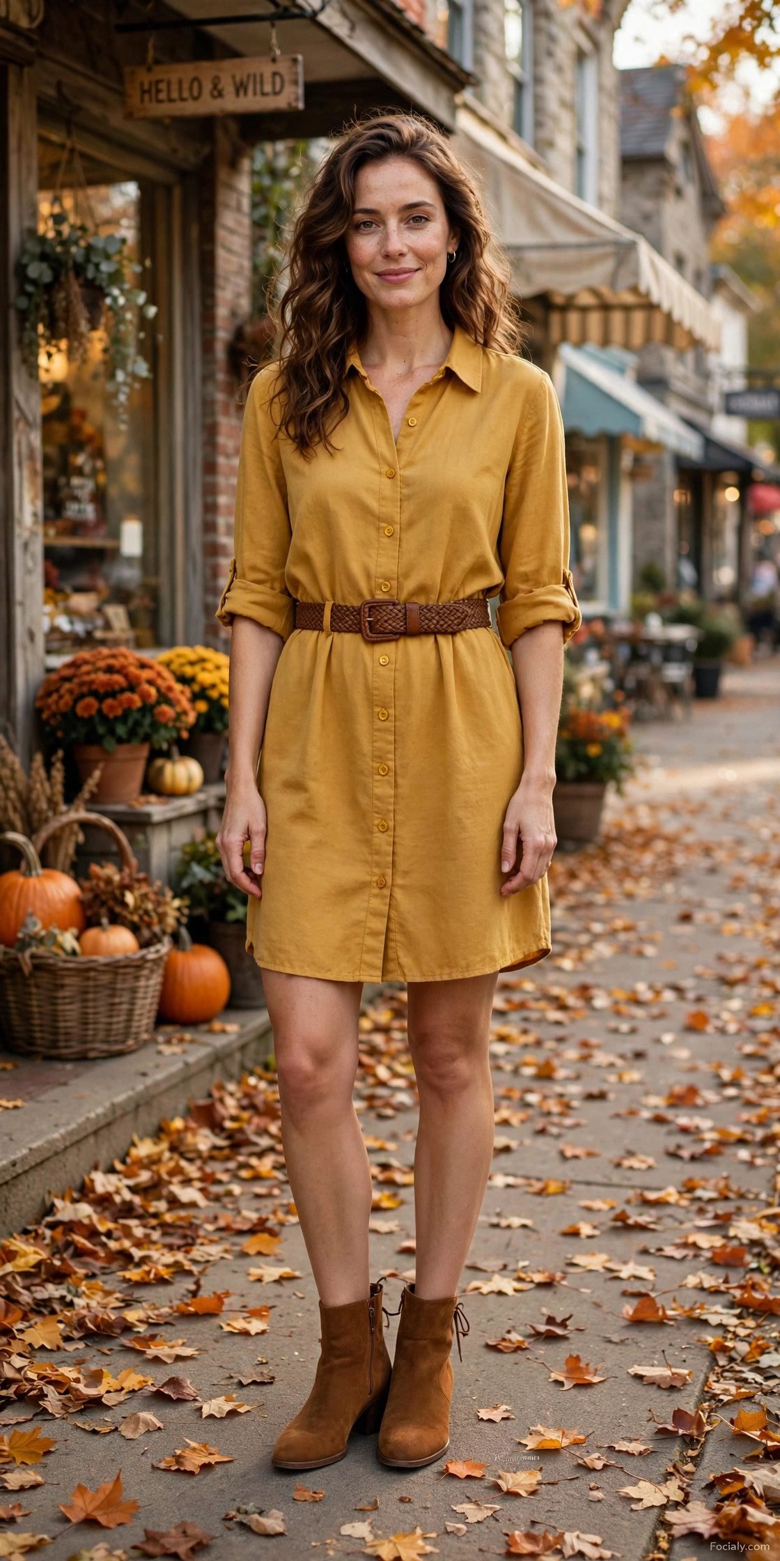 Woman in a mustard shirt dress with a woven belt and cognac booties